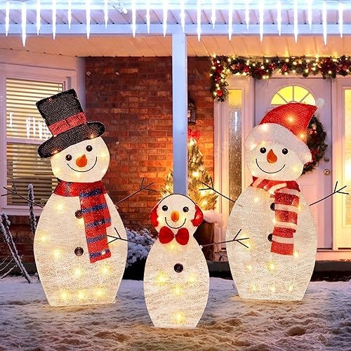 ATDAWN Familia de muñecos de nieve iluminados preiluminados, 60 luces plegables de Navidad, decoración al aire libre, muñeco de nieve iluminado para
