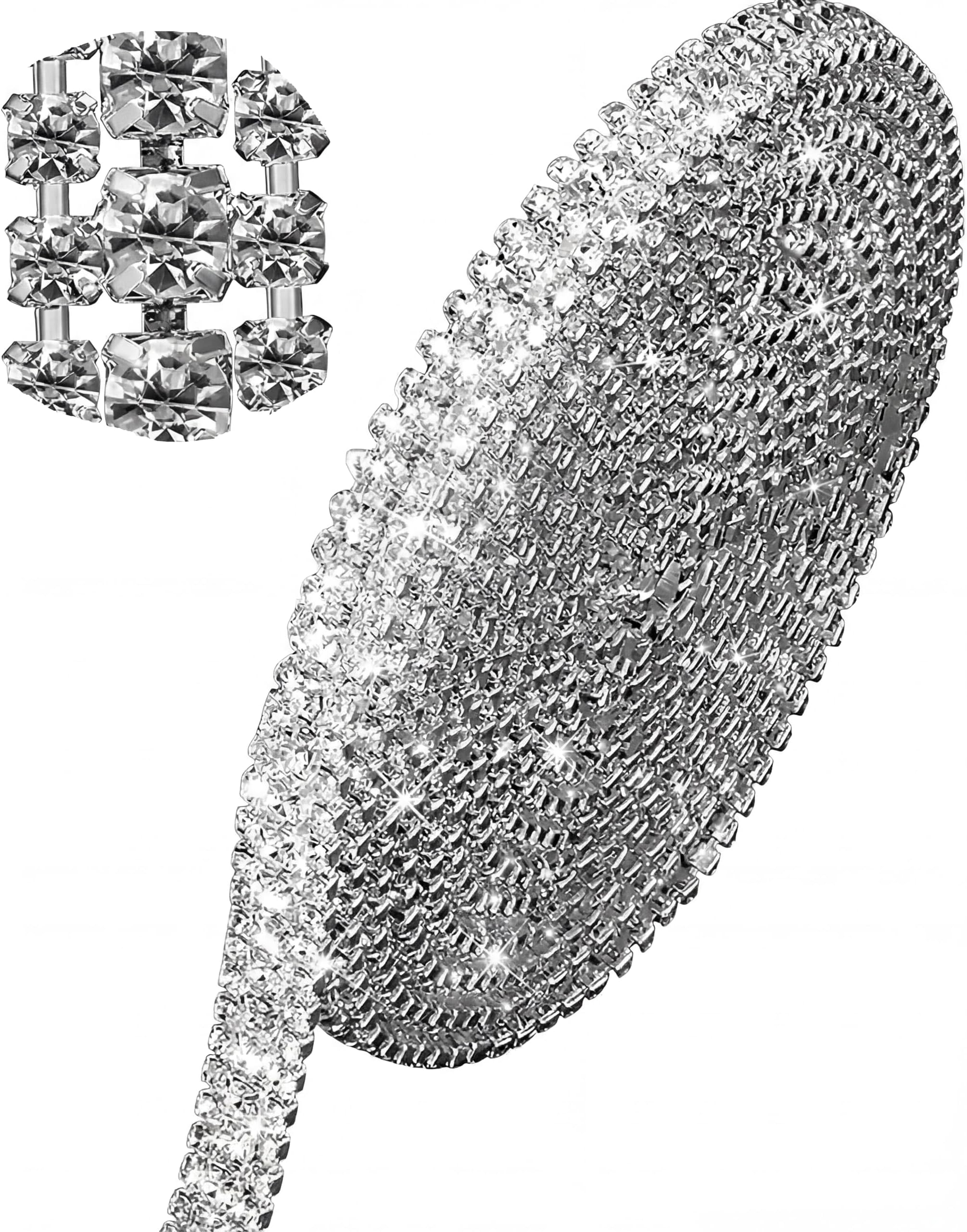 Hicarer 3 Rows Crystal Rhinestone Chain Strips 3 Yard x 0.47 Inch Chain Trim for Sewing Craft, DIY, Wedding, Jewelry, Decoration (White Rhinestone with Silver Base)