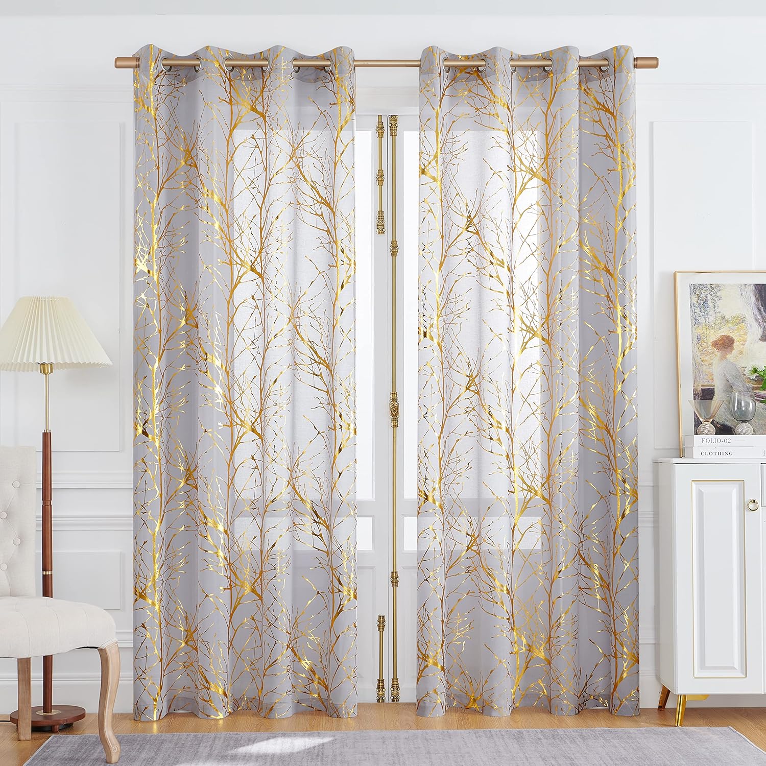 Goldene Vorhänge Mit Baum-Motiv - Transparente Gardinen Mit Ösen
