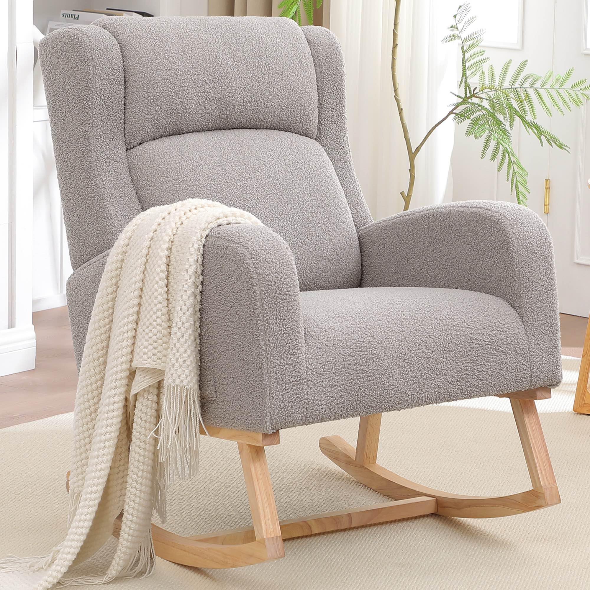 HCHAIRH Rocking Chair Nursery, Nursing Rocking Chairs for Mom Nursery, Comfy Wingback Glider Rocking Armchair with Side Pocket for Nursery Living Room Bedroom, Teddy Light Grey