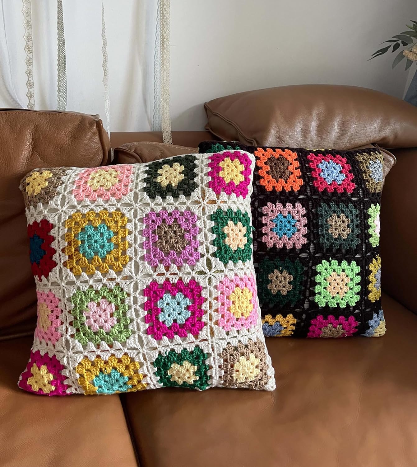 RISEON Granny Square Pillowcase Colorful Crocheted Pattern Throw Pillow Cover Crochet Cushions Cover for Couch Sofa Chair Boho Home Decor gift-17.7 x 17.7 inches (White)