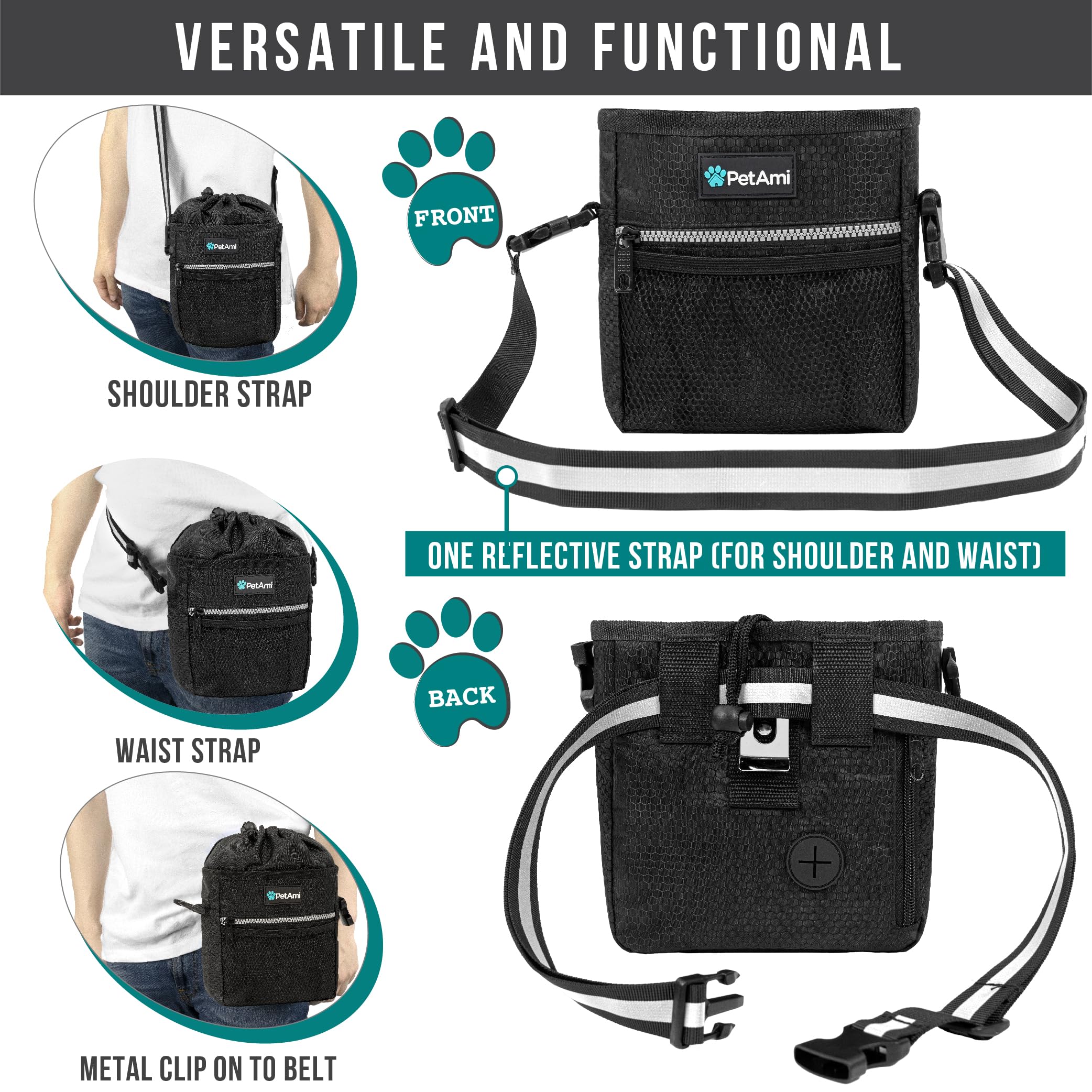 PetAmi Leckerli-Beutel für Hunde, Leckerli-Tasche für Training, Hunde-Spazierengehen-Beutel-Halter für Trockenfutter, Haustierfutter-Spielzeug, Hundetrainer-Essentials-Zubehör, Kotbeutelspender, 3