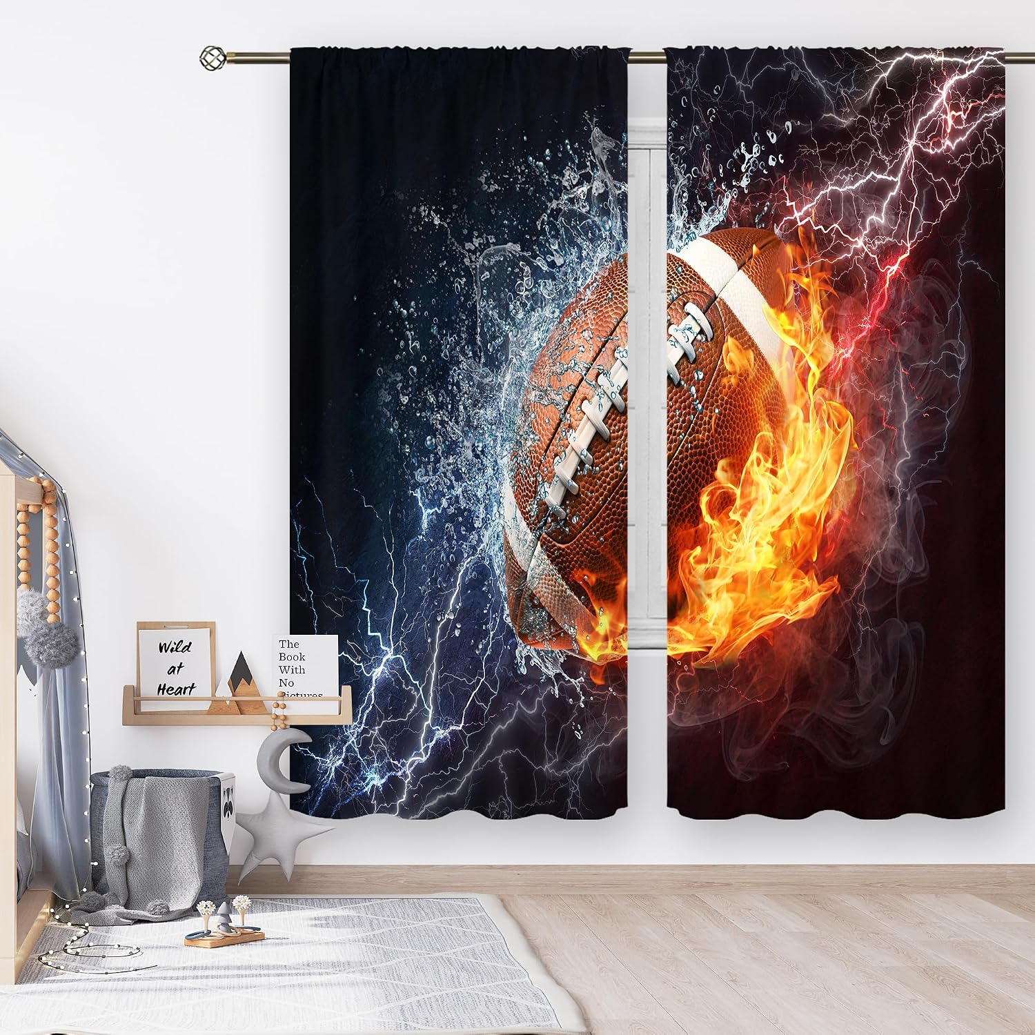 Sports Curtains for Boys Bedroom 42Wx63L Inch Rod Pocket Men American Football Wall Decor Flame 3D Football for Teens Kids Cool Modern Living Room Gym Window Drape Fabric 2 Panel