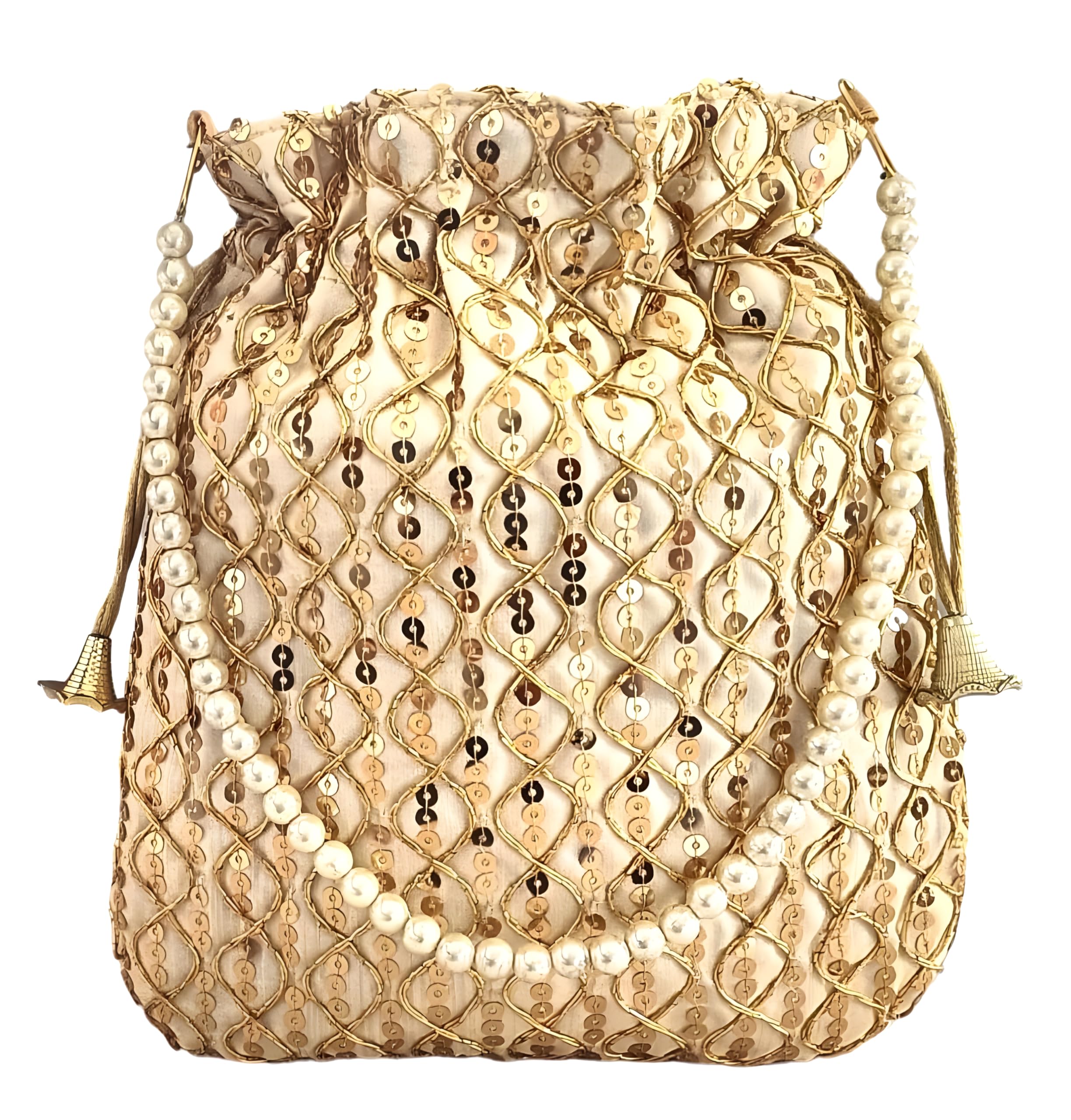 Women's Polti Bag with Pearl Handle - Bridal Ethnic Traditional Casual Purse/Clutch/Handbag, 20 L X 2 W X 22 H Cm (Gold)-image-27