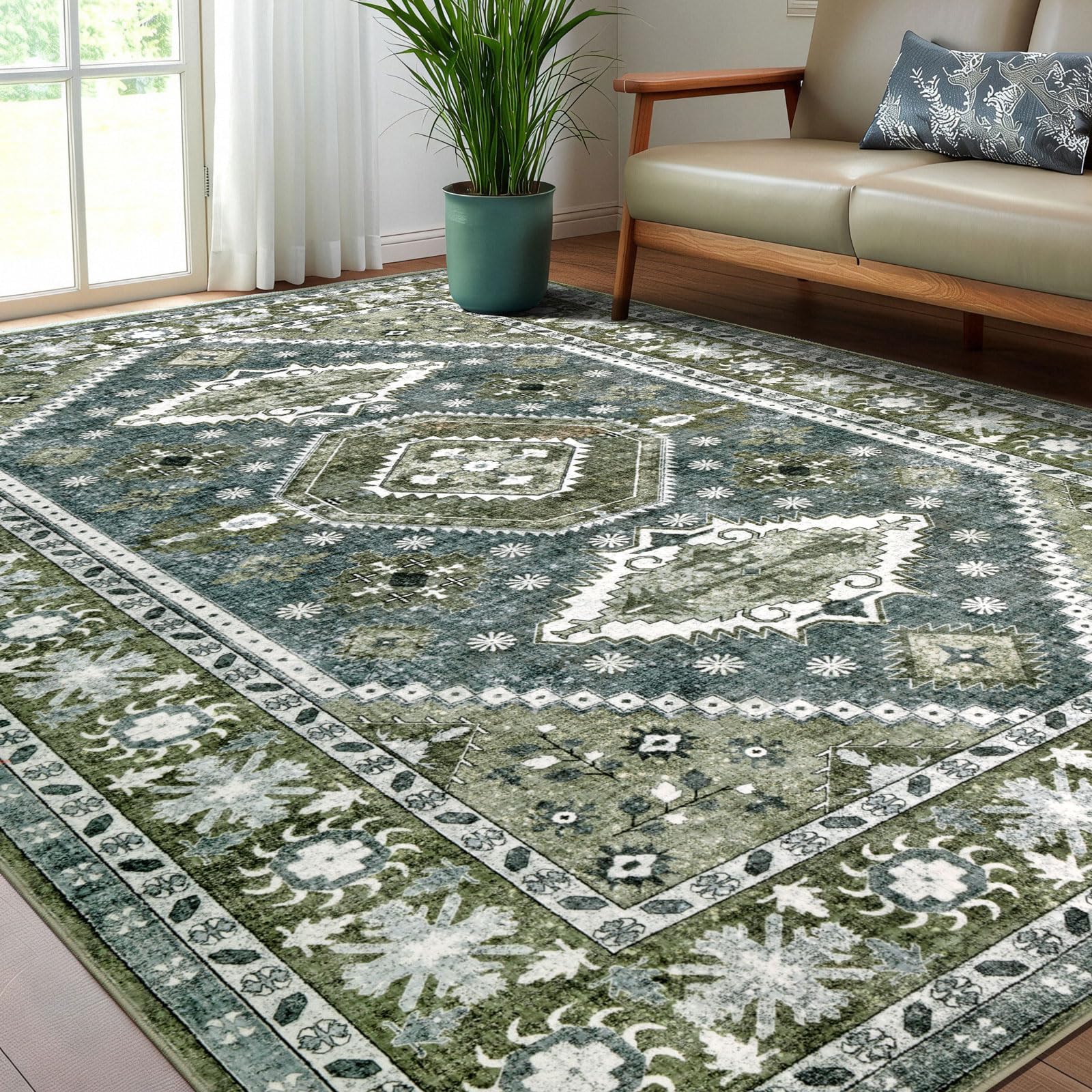 Washable Boho Area Rug 8x10 for Living Room,Dark Green and Blue Large Vintage Distressed Accent Floor Carpet with Non Slip Back