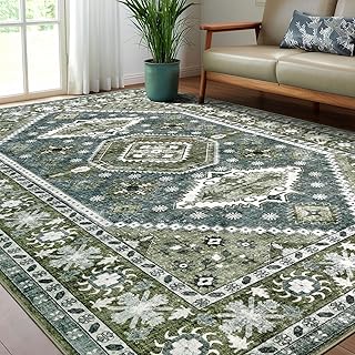 Washable Boho Area Rug 8x10 for Living Room,Dark Green and Blue Large Vintage Distressed Accent Floor Carpet with Non Slip Back