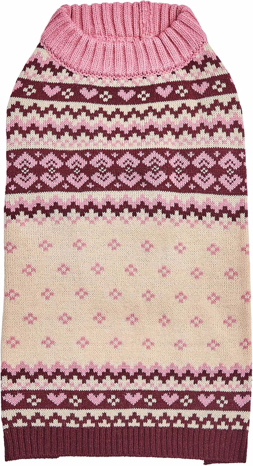 Blueberry Pet Heart Designer Everyday Turtleneck Fair Isle Fall Winter Pullover Dog Sweater in Pink, Back Length 10", Warm Clothes for Small Dogs