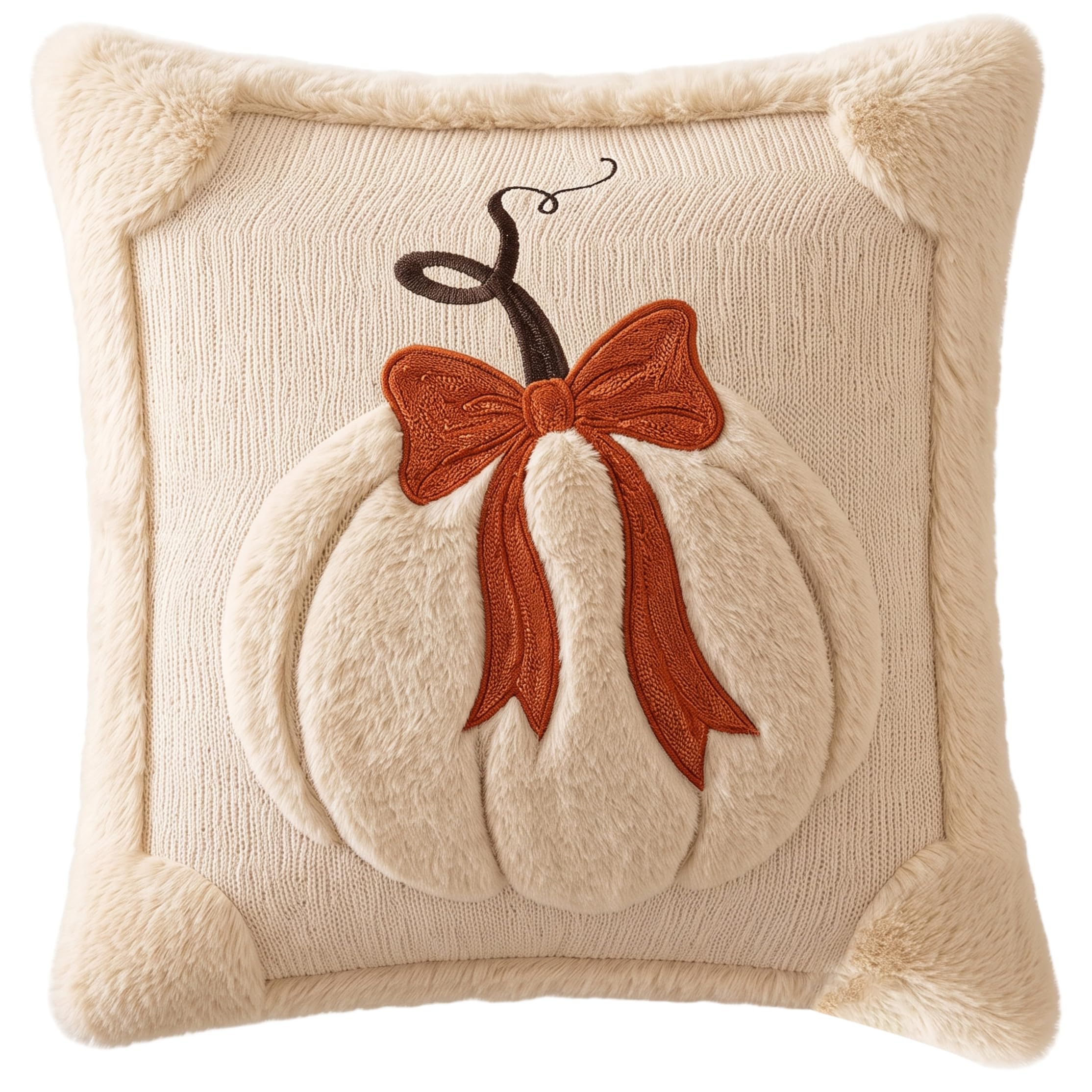 Nukinp 1 Pack Halloween Pillow Cover, Quilted Pumpkin Bow Decorative Throw Pillow Cover, Beige 18x18 Inch