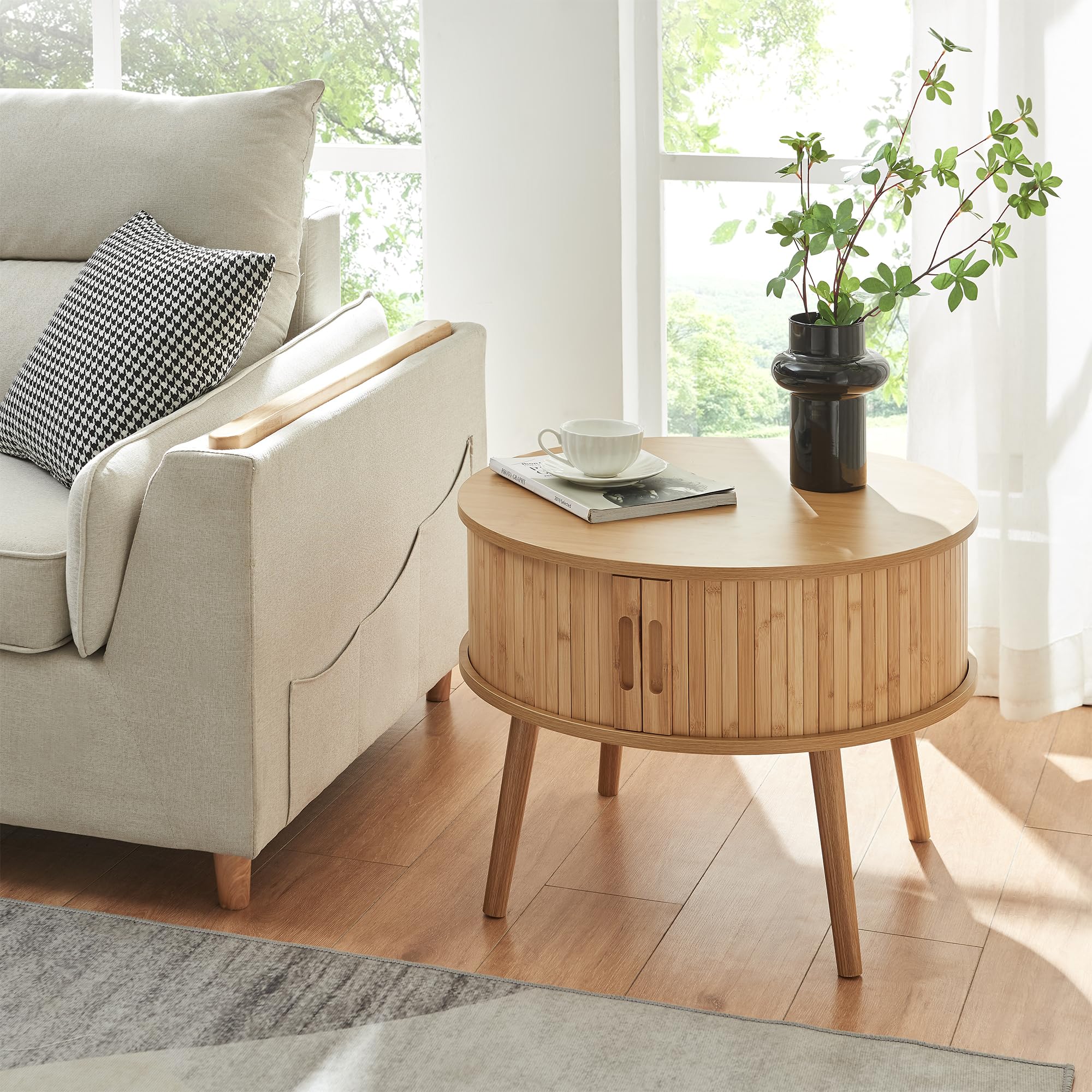 [en.casa] Mesilla de Noche Nordkapp en Forma Cilíndrica 1 Compartimento Cerrado Mesa de Noche con 2 Puertas Correderas Mesa Auxiliar para Oficina Sala Bambú Madera 45xØ60cm - Natural