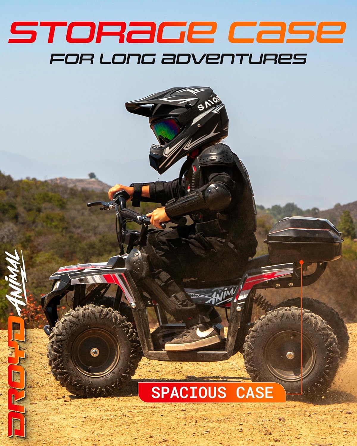 Droyd Animal Kids ATV for Ages 6+, 165 lb Capacity, 36V Electric 4 Wheeler with 500W Brushless Motor, LFP Battery, Dual Speed 10-15 MPH, Dual Suspension Disc Brake Quad Bike with Storage Case