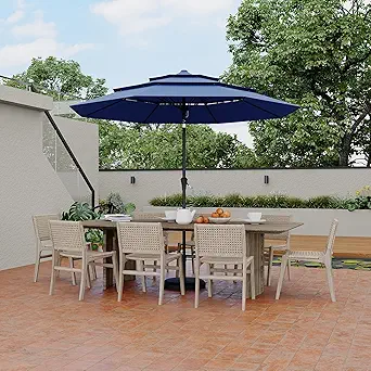 9Ft 3 Tiers Market Umbrella Outdoor, 3 Tiers Heavy Duty Patio Umbrella 8 Ribs, Outdoor Market Table Umbrellas with Ventilation and Hand Crank