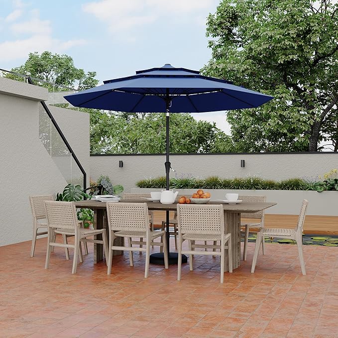 9Ft 3 Tiers Market Umbrella Outdoor, 3 Tiers Heavy Duty Patio Umbrella 8 Ribs, Outdoor Market Table Umbrellas with Ventilation and Hand Crank