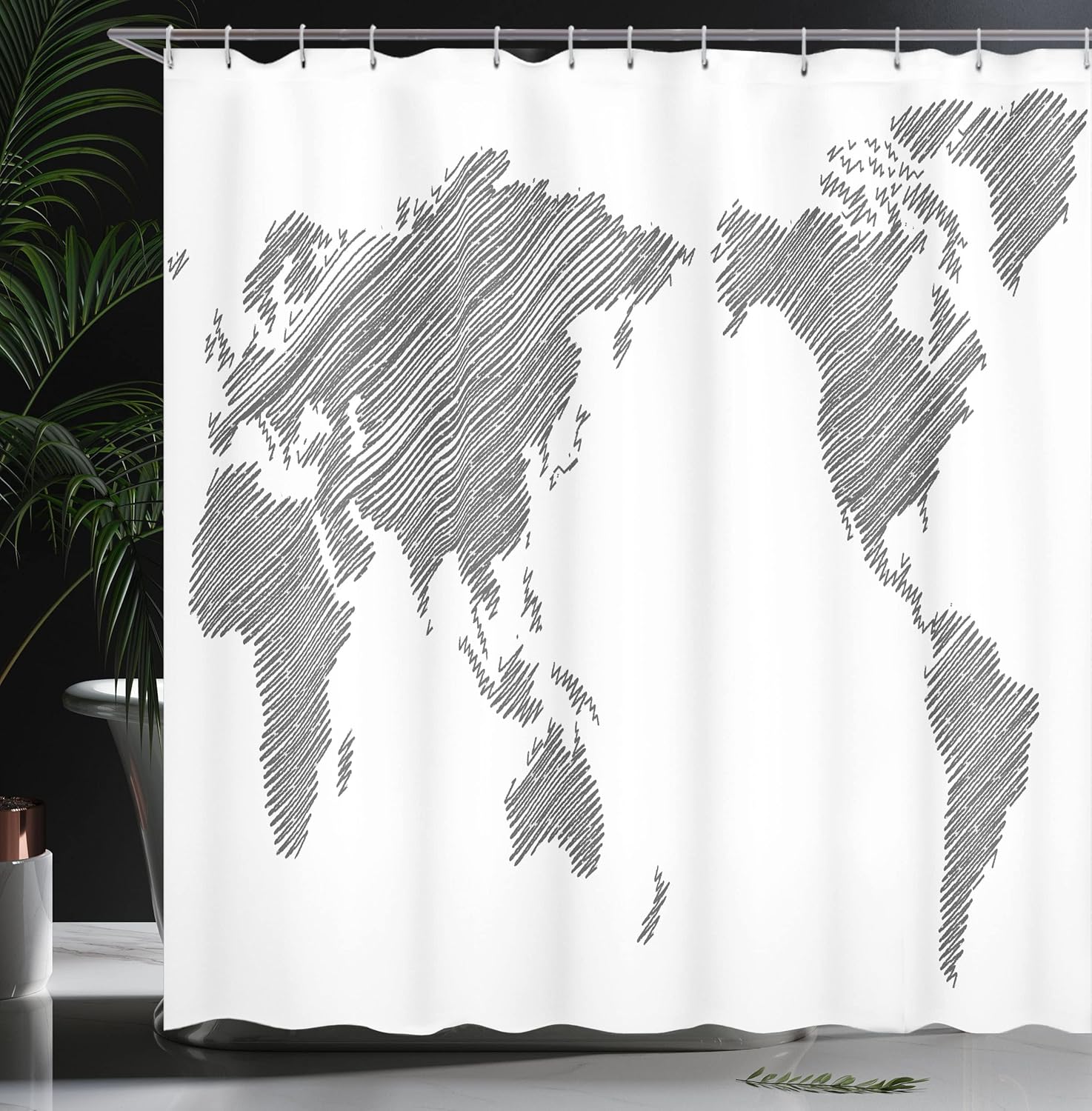 Ambesonne World Map Shower Curtain, Sketchy Striped Continents Cartography Geography Countries Worldwide Art, Cloth Fabric Bathroom Decor Set with Hooks, 69" W x 75" L, Charcoal Grey White