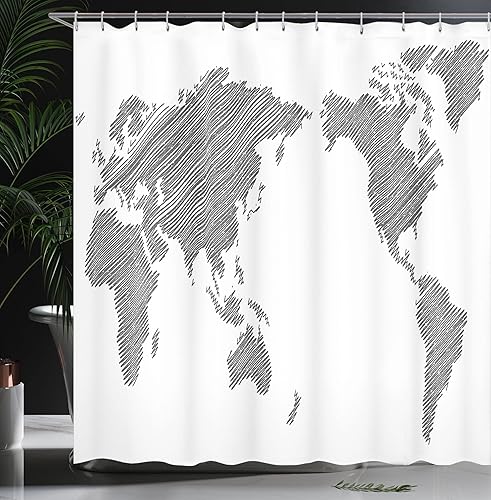 Miniatura 3 de Ambesonne Cortina de ducha con mapa del mundo, diseño de continentes a rayas, cartografía, geografía, países en todo el mundo, juego de decoración
