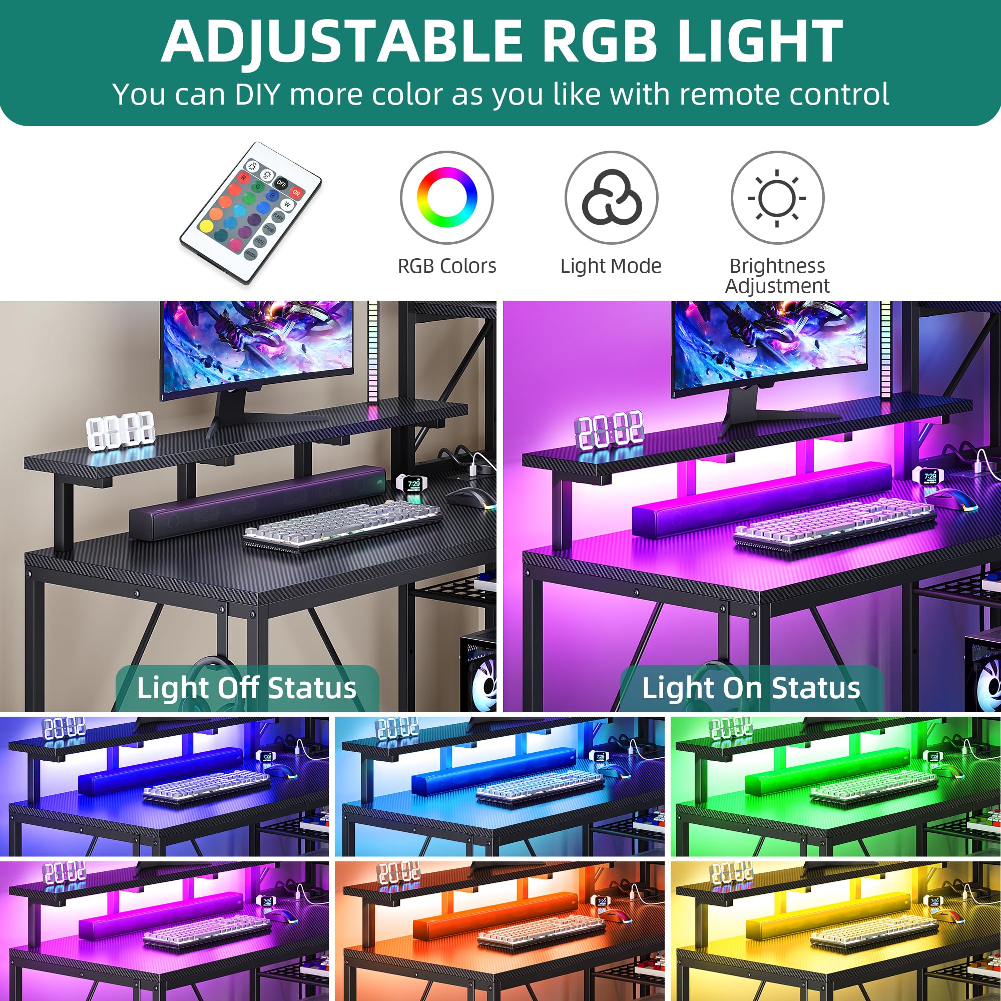 YITAHOME Escritorio esquinero para Juegos en Forma de L con Tomas de Corriente y Luces LED, Escritorio de Esquina con estantes de 120 cm, Escritorio Reversible para computadora con estantes de