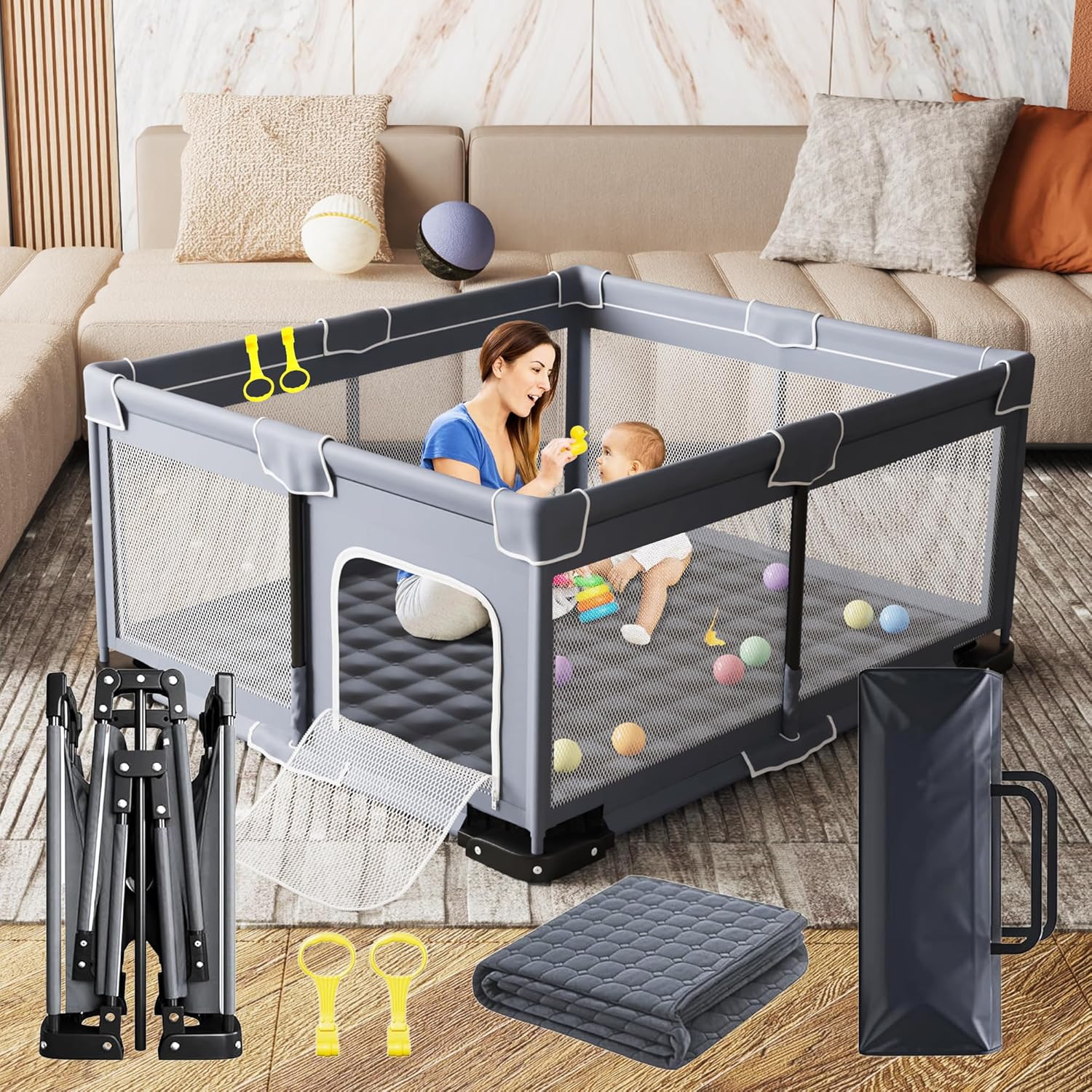 Foldable Baby Playpen with Mat, Portable Playpen for Babies and Toddlers, Baby Playpen Foldable Baby Play Yards for Indoor & Outdoor, Large Folding Extra Playpen (71X59 inches) Foldable 71"x59" Dark Gray