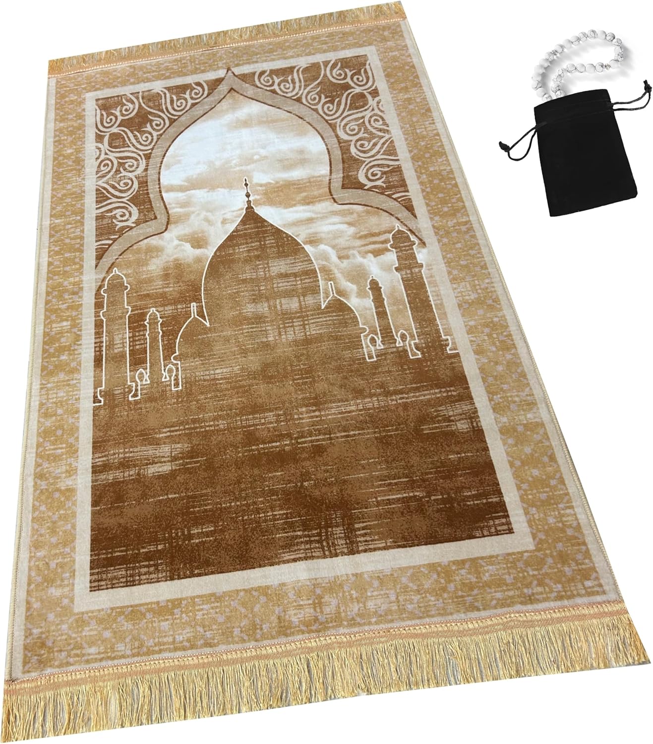 Prayer Rug Muslim Mat Islamic - Soft Velvet Sajadah for Kids Men Women with Islam Prayer Beads for Eid Travel Ramadan, Soft Luxury (Grey)