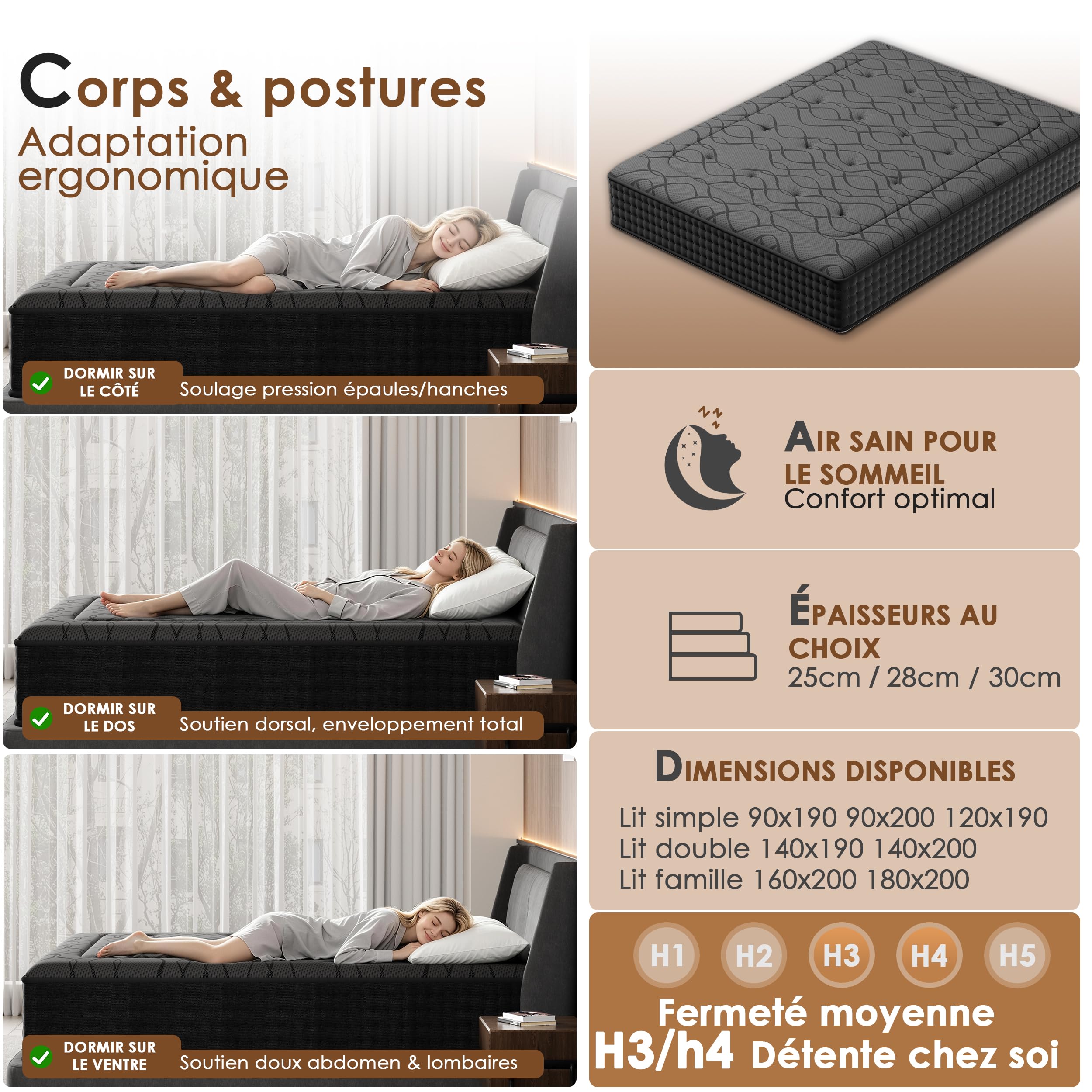 DEWINNER Matelas 160x200丨Épais 25 cm丨Soutien Mousse à mémoire de Forme | Accueil Gris Dermophile丨Confort Ferme丨Respirant 7 Zones丨Ressorts Ensachés Individuels丨Haute Densité