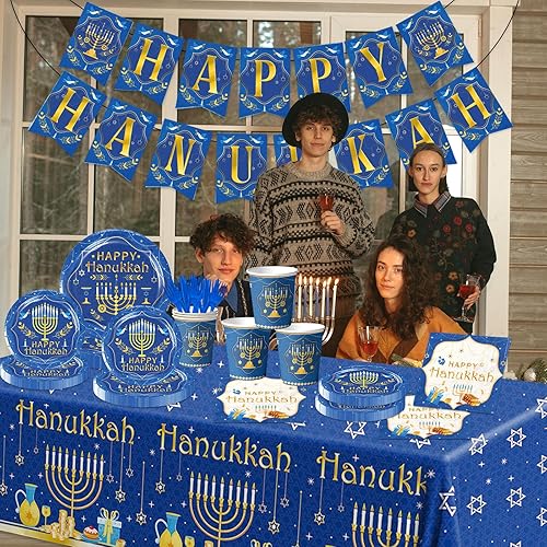 Miniatura 4 de 142 piezas de decoración de fiesta de Hanukkah, juego de vajilla con temática de menorá de Hanukkah, incluye platos, servilletas, vasos, mantel,