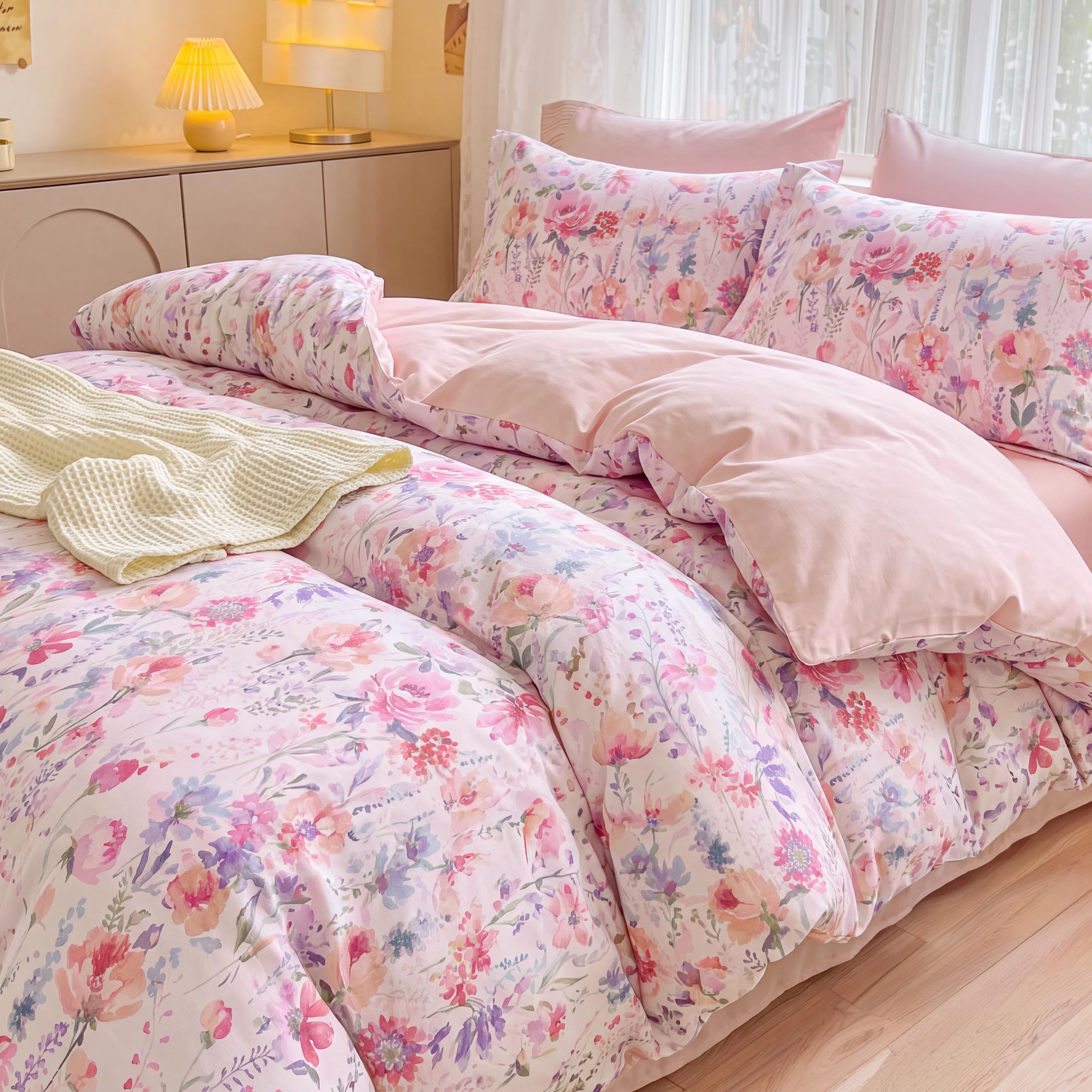 Bedsure Double Duvet Cover Set - Microfiber Reversible Bedding, Pink