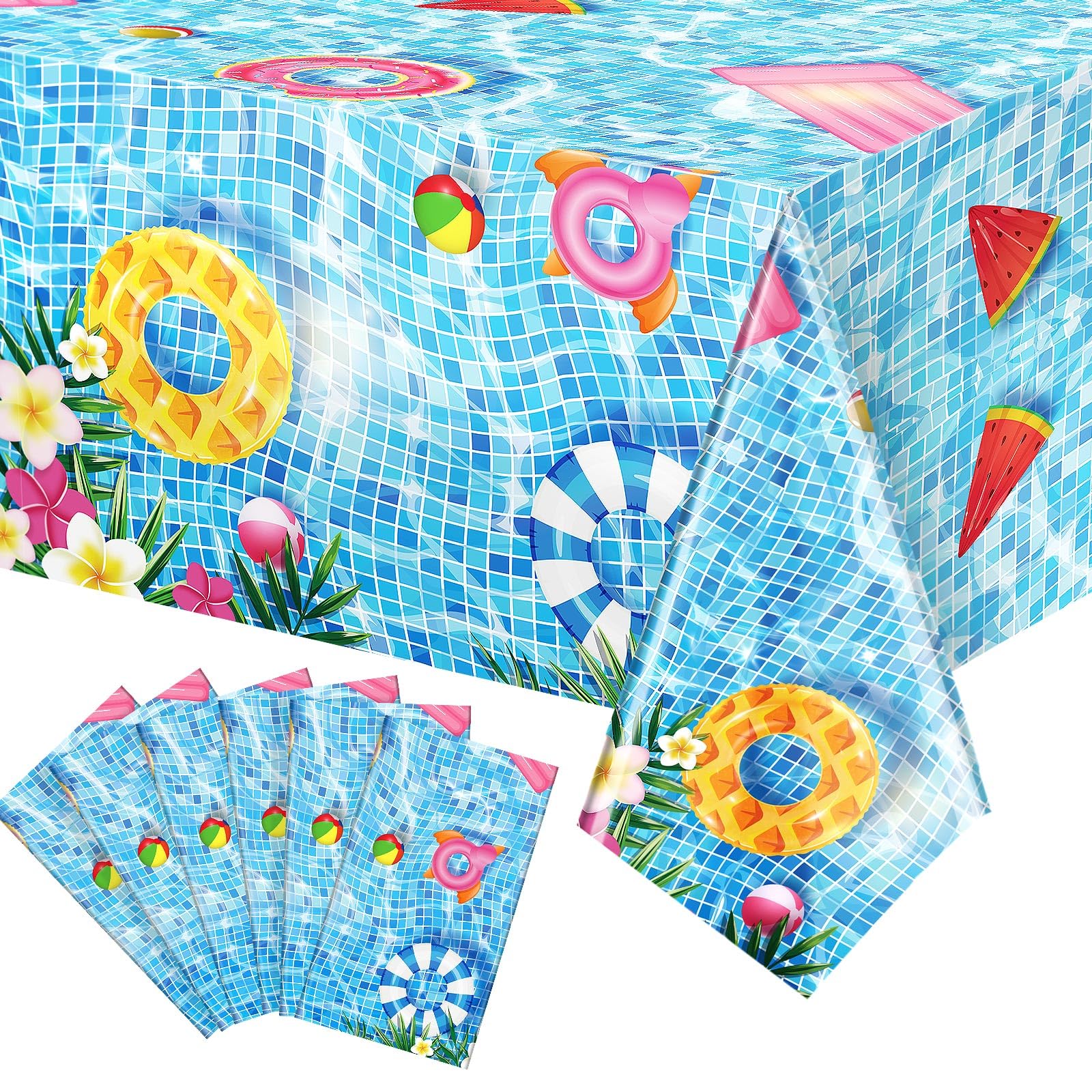 Riakrum 6 Pcs Summer Beach Tablecloths Pool Party Table Covers Rectangle Plastic Hawaiian Tablecloth Beach Supplies Theme Party Decorations for