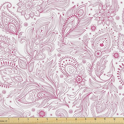 Lunarable Floral Fabric by The Yard, Monochrome Illustration of Vintage Design Paisley Inspired Details and Flower Motifs, Decorative Fabric for