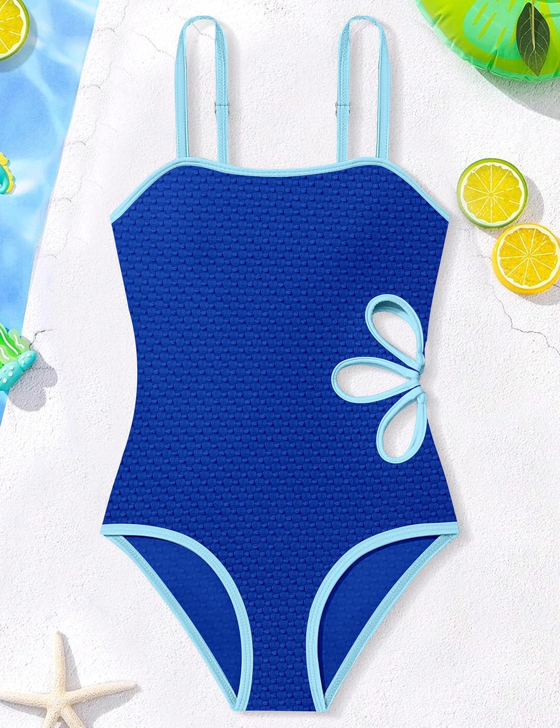 Shallmu Girls Swimsuit Cut Out One Piece Bathing Suit Color Contrast Trim Adjustable Straps Swimwear Size 9-16 - Image 5