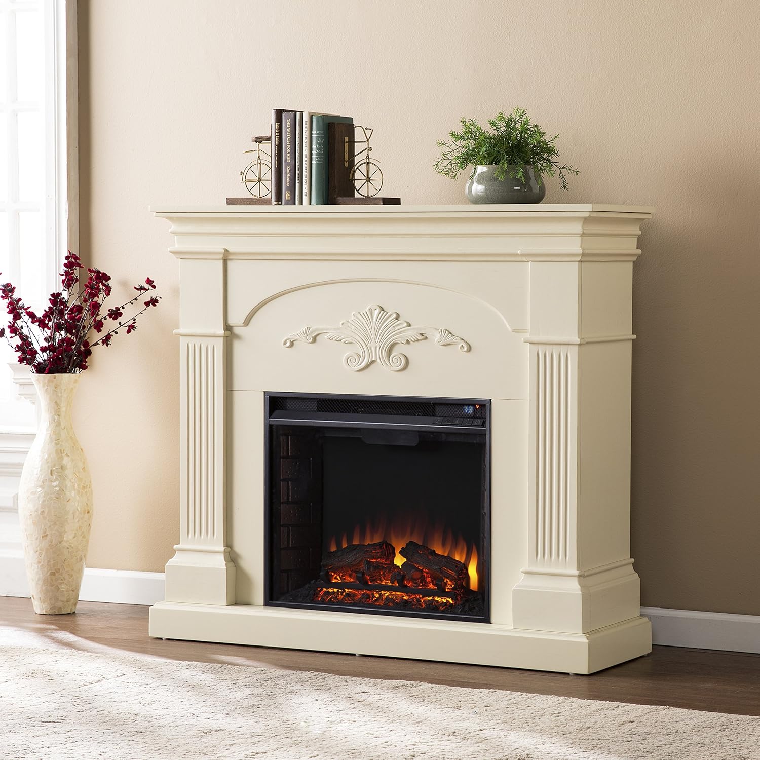 SEI Furniture Sicilian Harvest Traditional Style Electric 44" Mantel Fireplace, Radiant Heat Space Heater w/LED Flames Remote Controlled Features, Ivory