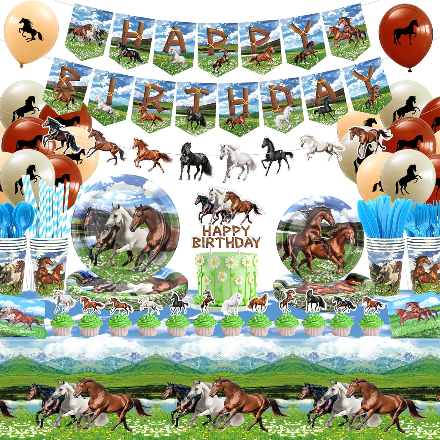 Horse Birthday Party Decoration, Horse Party Favors, Plates Cups Napkins Tablecloth Happy Birthday Banner Balloons Arch Cake Toppers for Horse Racing Cowboy Western Boy Birthday Party Supplies