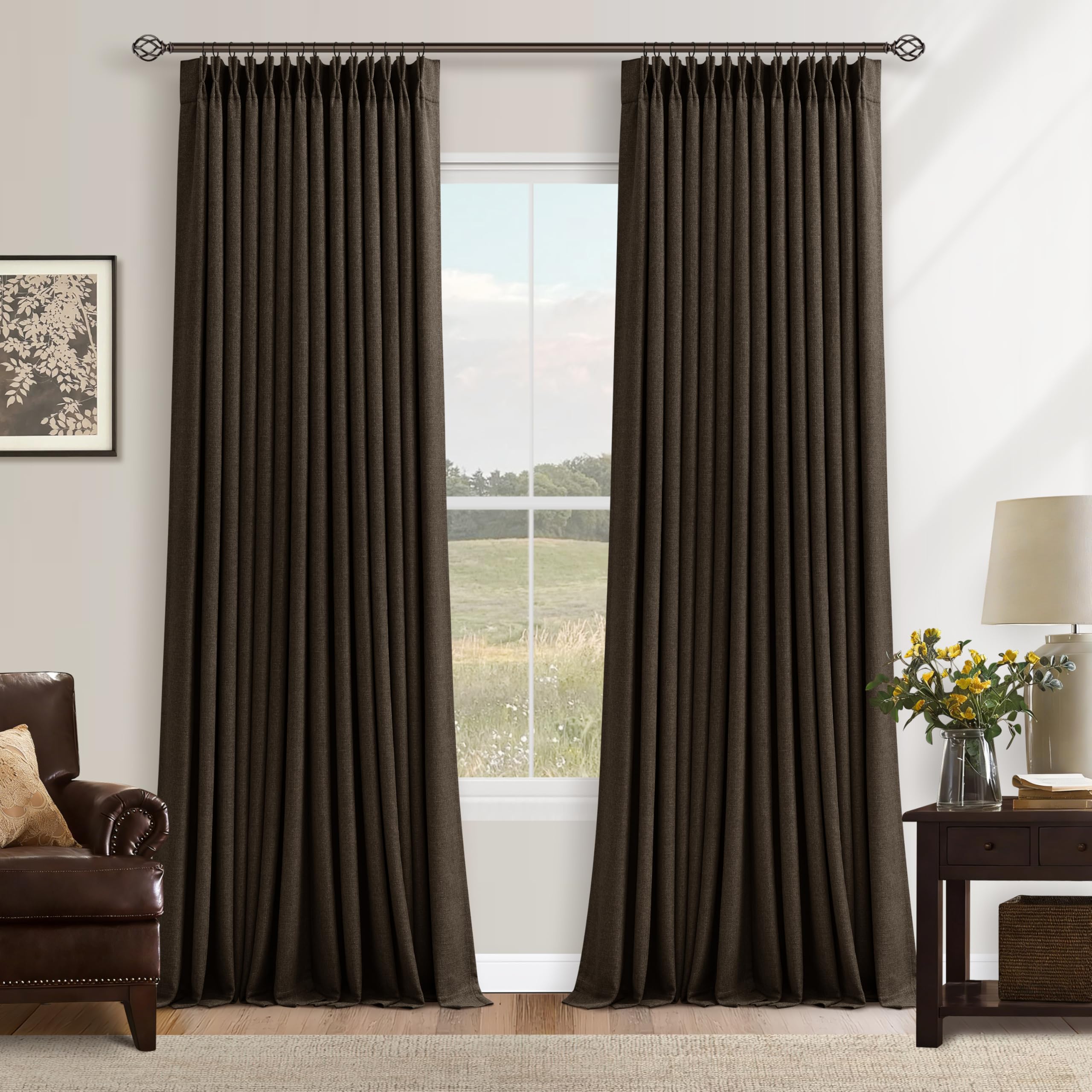 Dark Brown Pinch Pleated Blackout Curtains 90 Inch Length for Bedroom Living Room Darkening 2 Panels 100% Black Out Soundproof Dark Chocolate Window Curtains Double Layer Pinch Pleat Linen Drapes