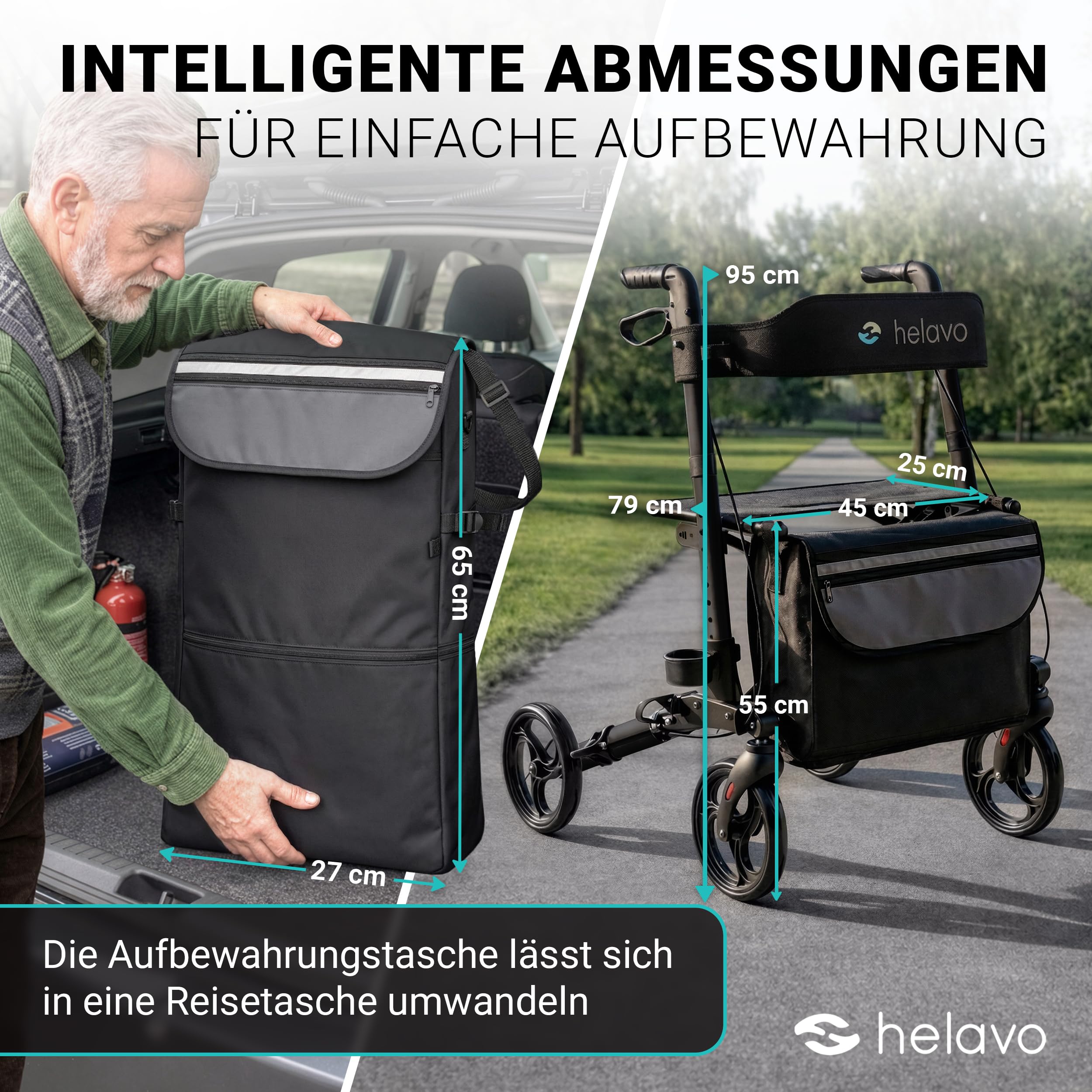Helavo faltbarer Rollator mit Sitz - Leicht & Kompakt für Drinnen & Draußen | Kompakt zusammenklappbarer Aluminium-Rollator mit Transporttasche - Nur 8,3 kg leicht - Höhenverstellbare Griffe