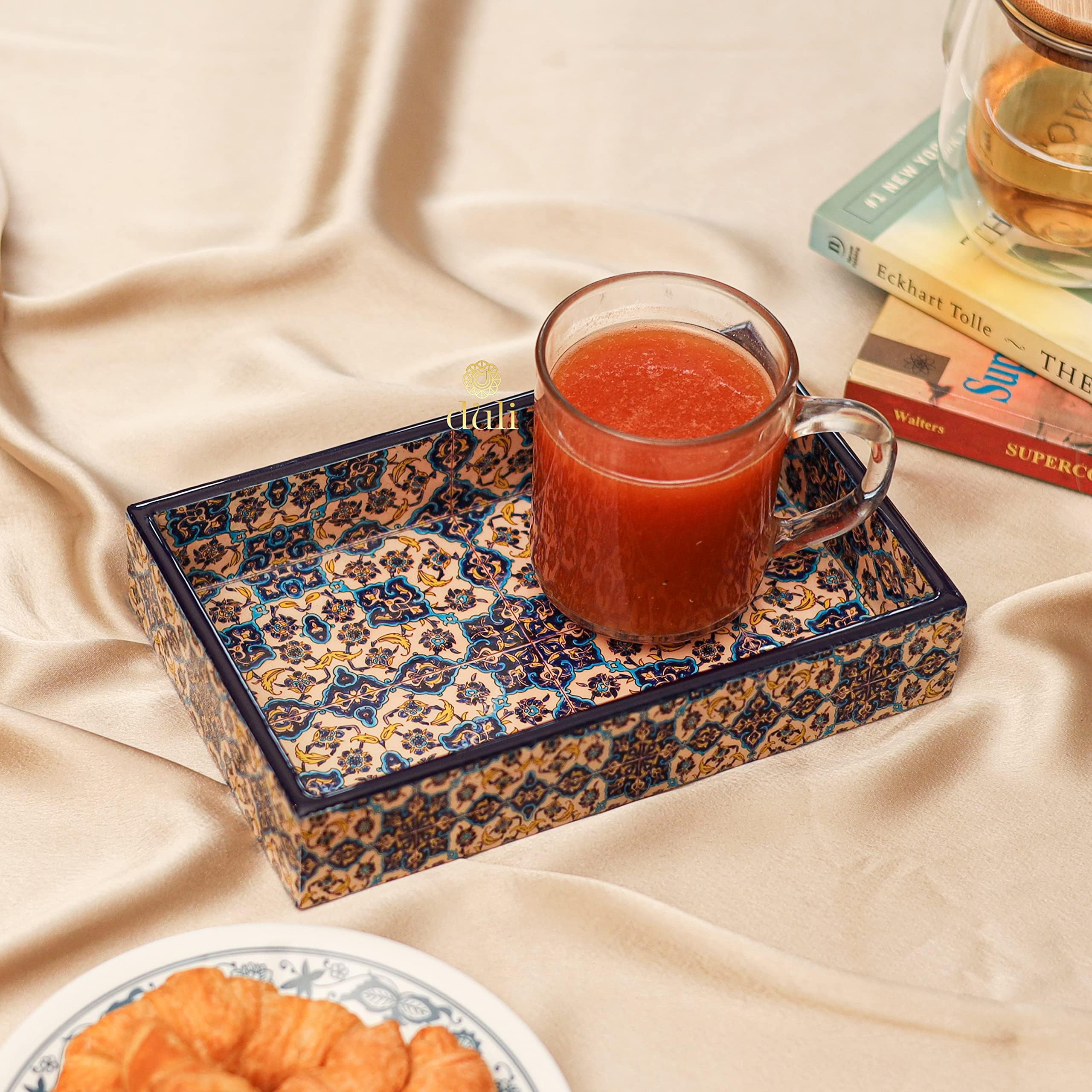 DULI Enamel Coated Multipurpose Tray in MDF | Serving Tray for Home & Dining Table | Multipurpose Tray | Water & Heat Resistant Durable (TurkishYellowBlue)