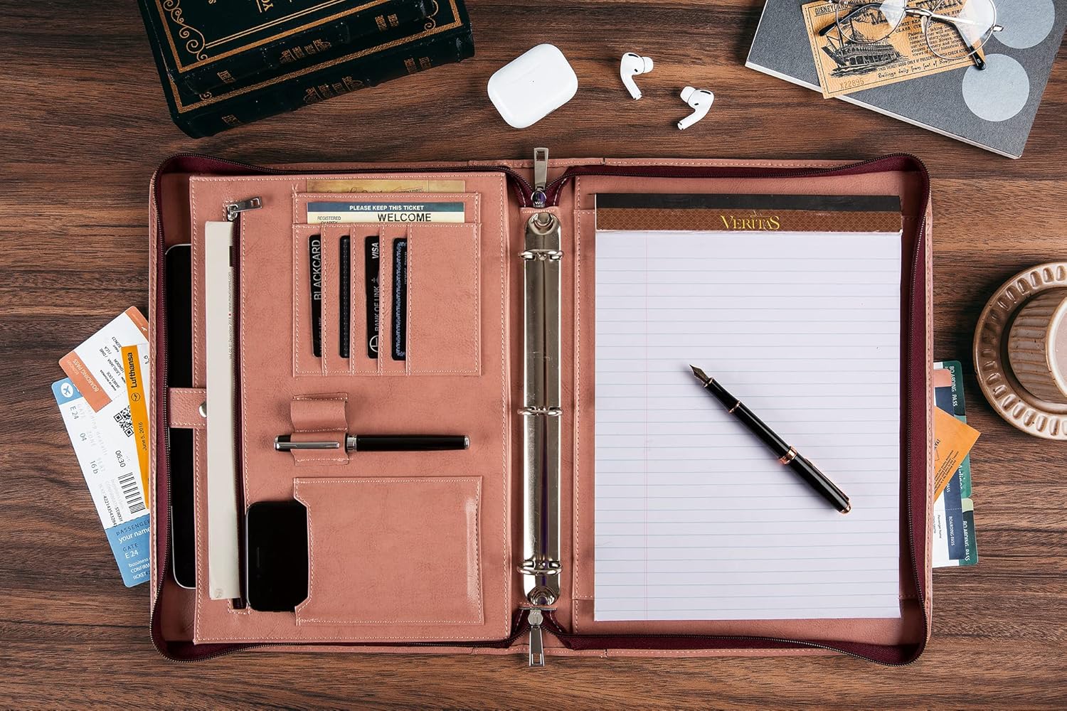 3-Ring Portfolio Padfolio for Women, Vegan Leather Binder, Pink, Zipper, Handmade Portfolio Organizer, Personalized for Lefty & Righty