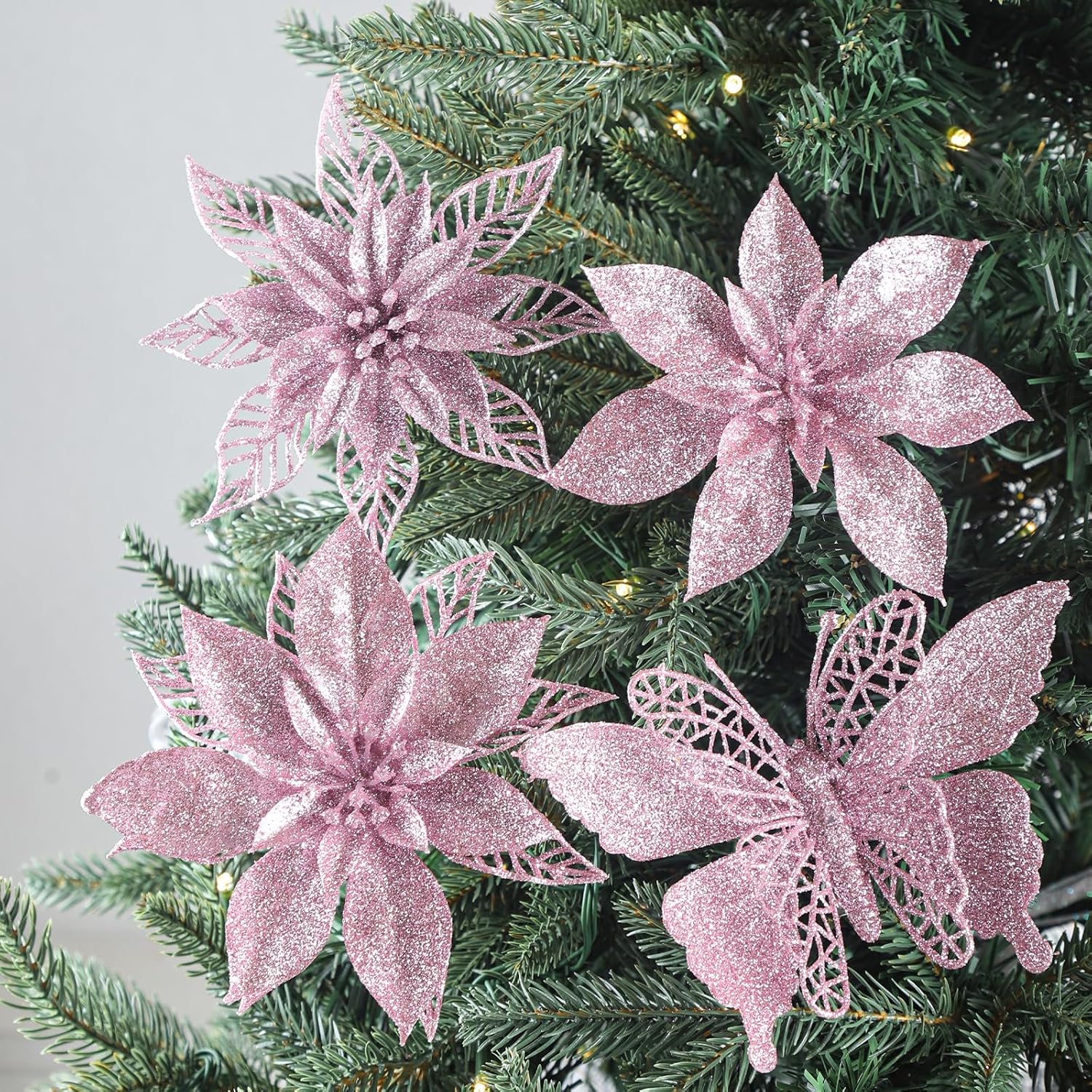 24PC 5.5" Pink Artificial Poinsettia Christmas Flowers, Glitter Christmas Decorations for Xmas Tree Wreath Fireplace New Year Home Decor (Pink)