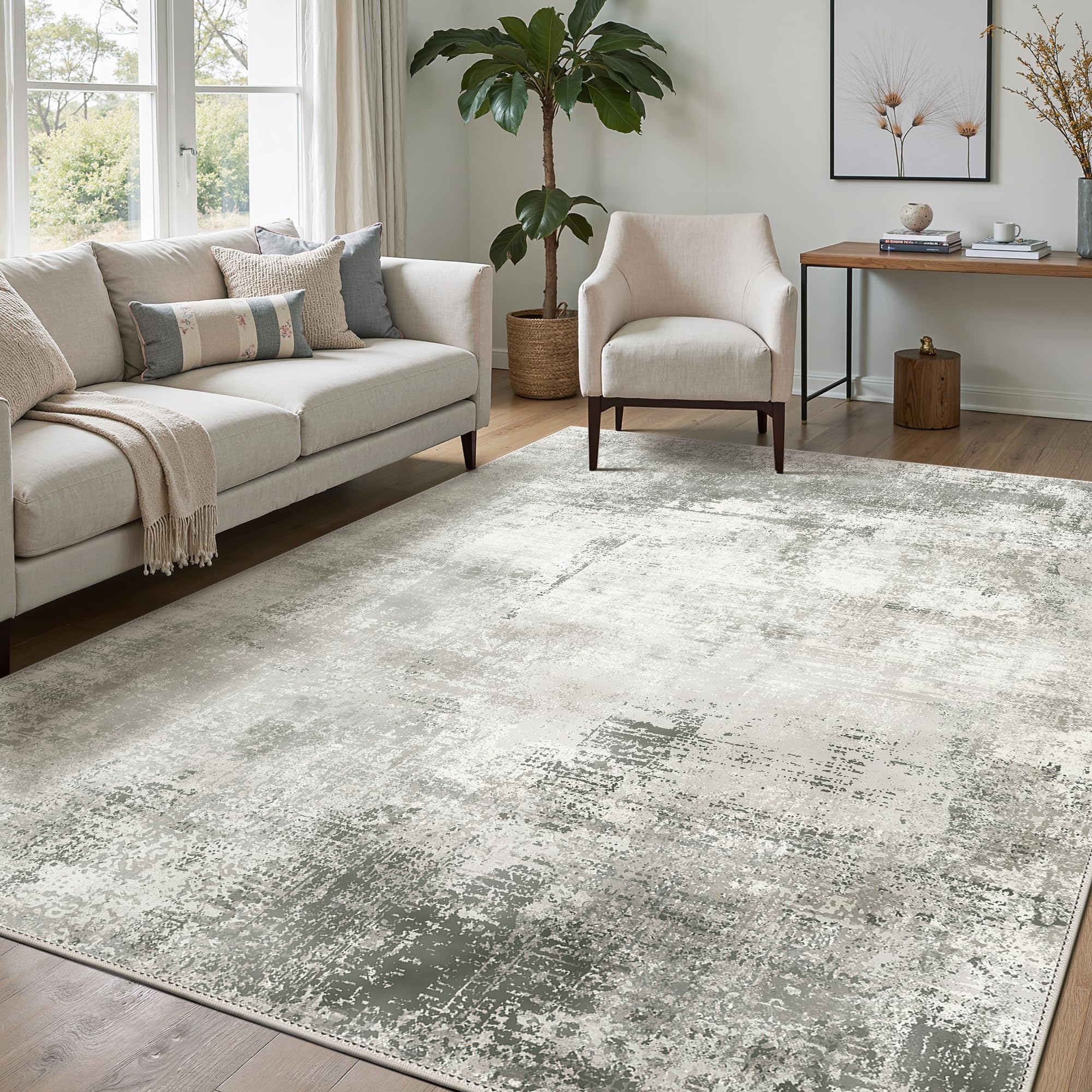 Area Rugs 8x10 Machine Washable Rug for Bedroom Living Room Dining Room, Large Modern Abstract Soft Rugs, Indoor Low Pile Carpet with Non Slip Rubber Backing, Abstract Gray