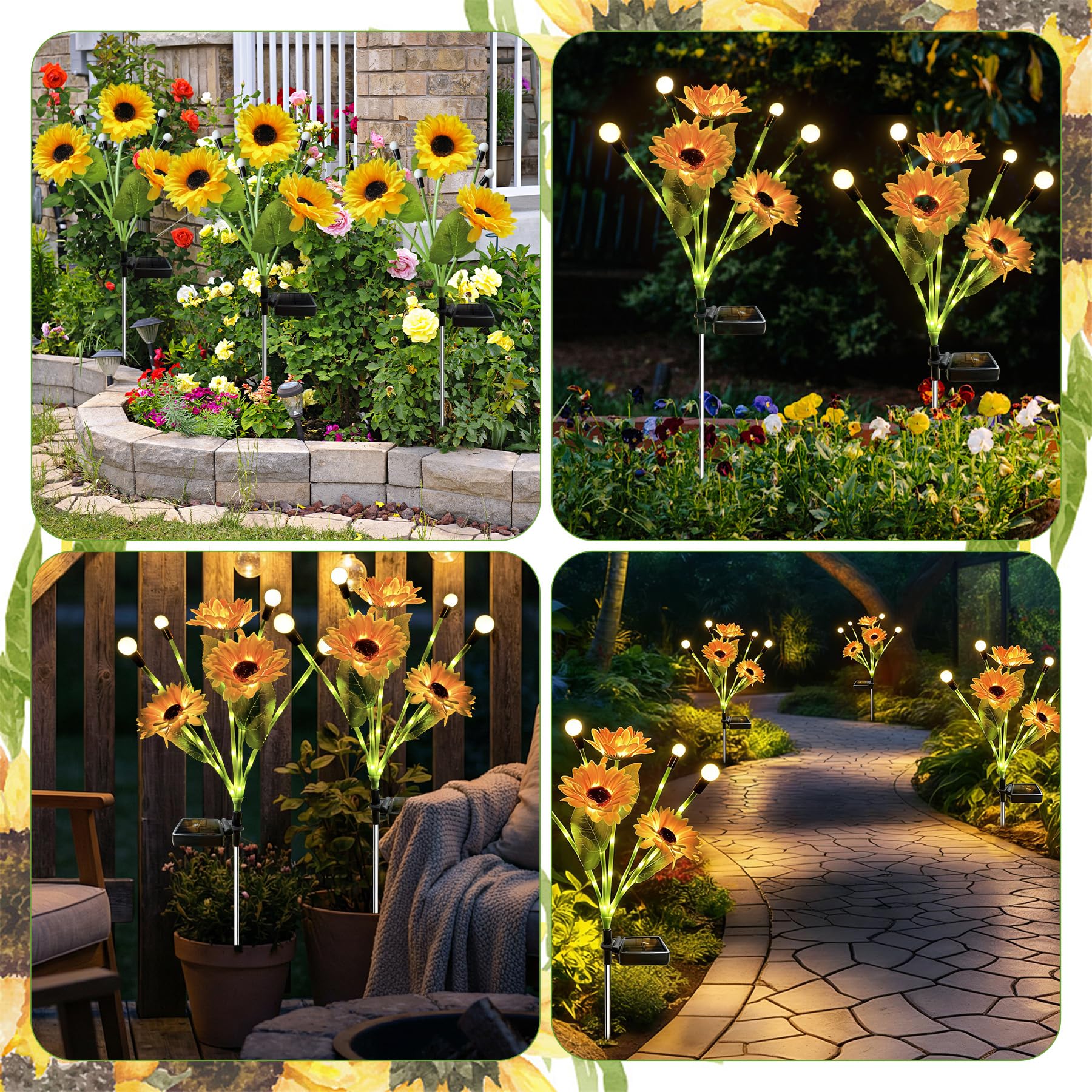 VEEKAY Luci Solari da Giardino,4 Pezzi Girasole Luce Solare Esterno, Luce Solare LED Esterno,IP65 Impermeabile Lampade Solari da Giardino,per Patio,Prato
