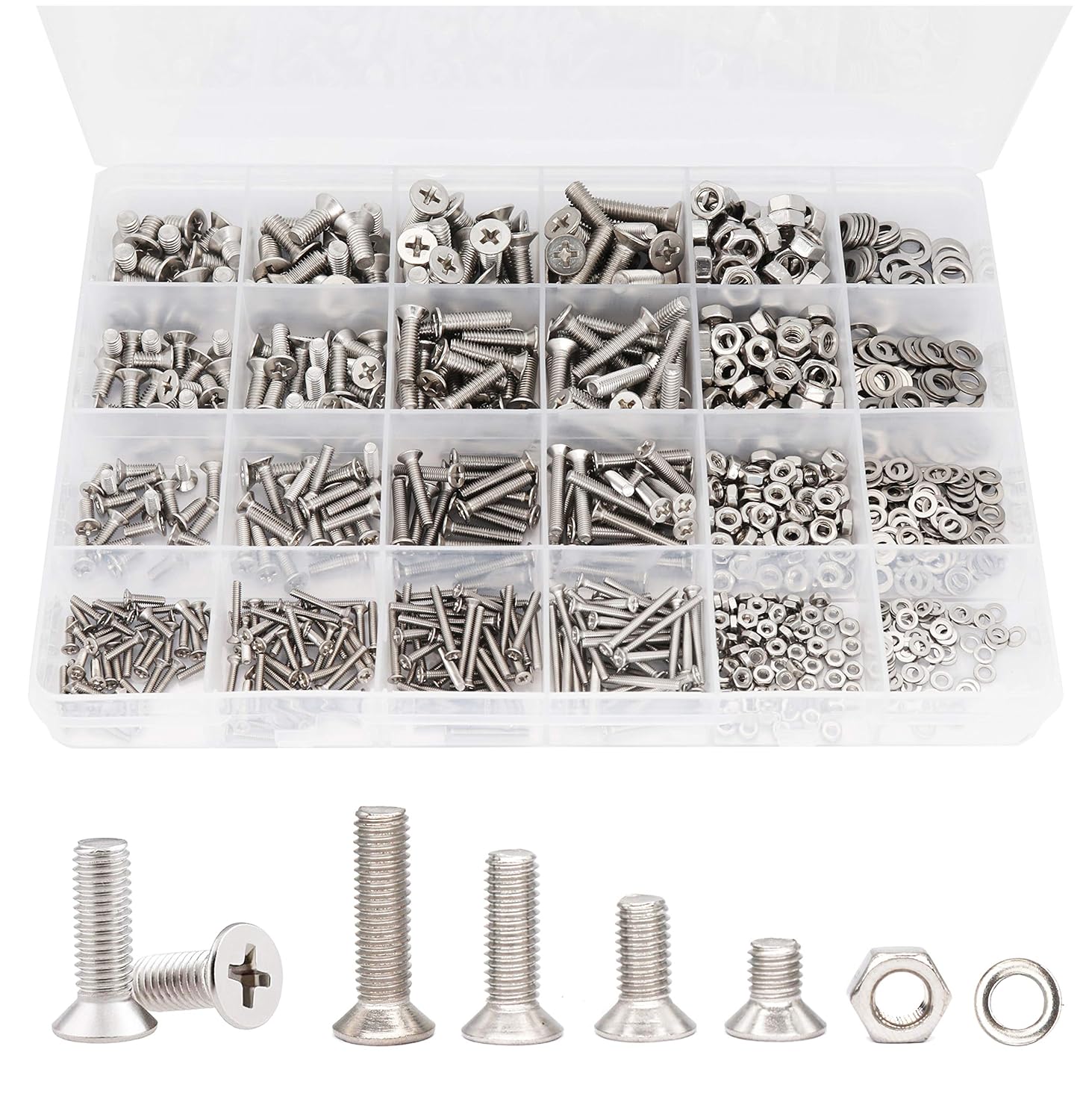 binifiMux 940pcs M2 M3 M4 M5 Phillips Countersunk Flat Head Machine Screws Hex Nuts Flat Washers Assortment