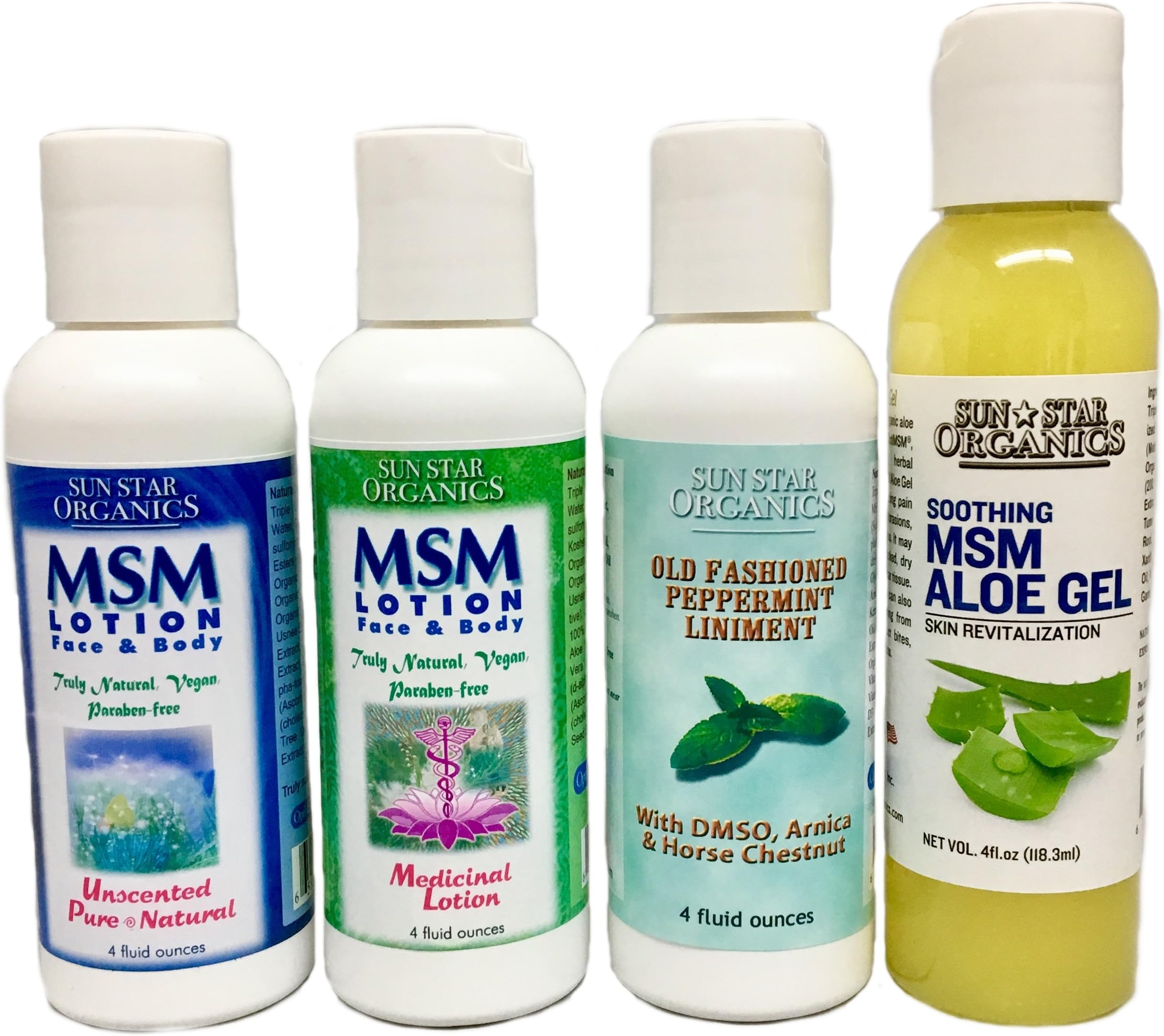 Healing MSM Lotion/gel 4-Pack (4oz) - Pure & Natural, Medicinal, Peppermint Liniment & Aloe Gel Sample Pack. Organic sulfur for Joint Pain, Healing tea tree oil & Soothing Aloe Vera