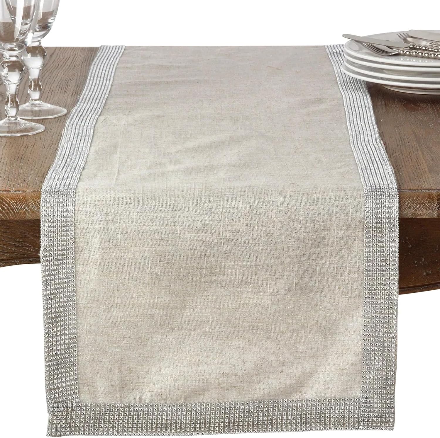 SARO LIFESTYLE Jeweled Trim Studded Design Table Runner, 16" x 72", Silver