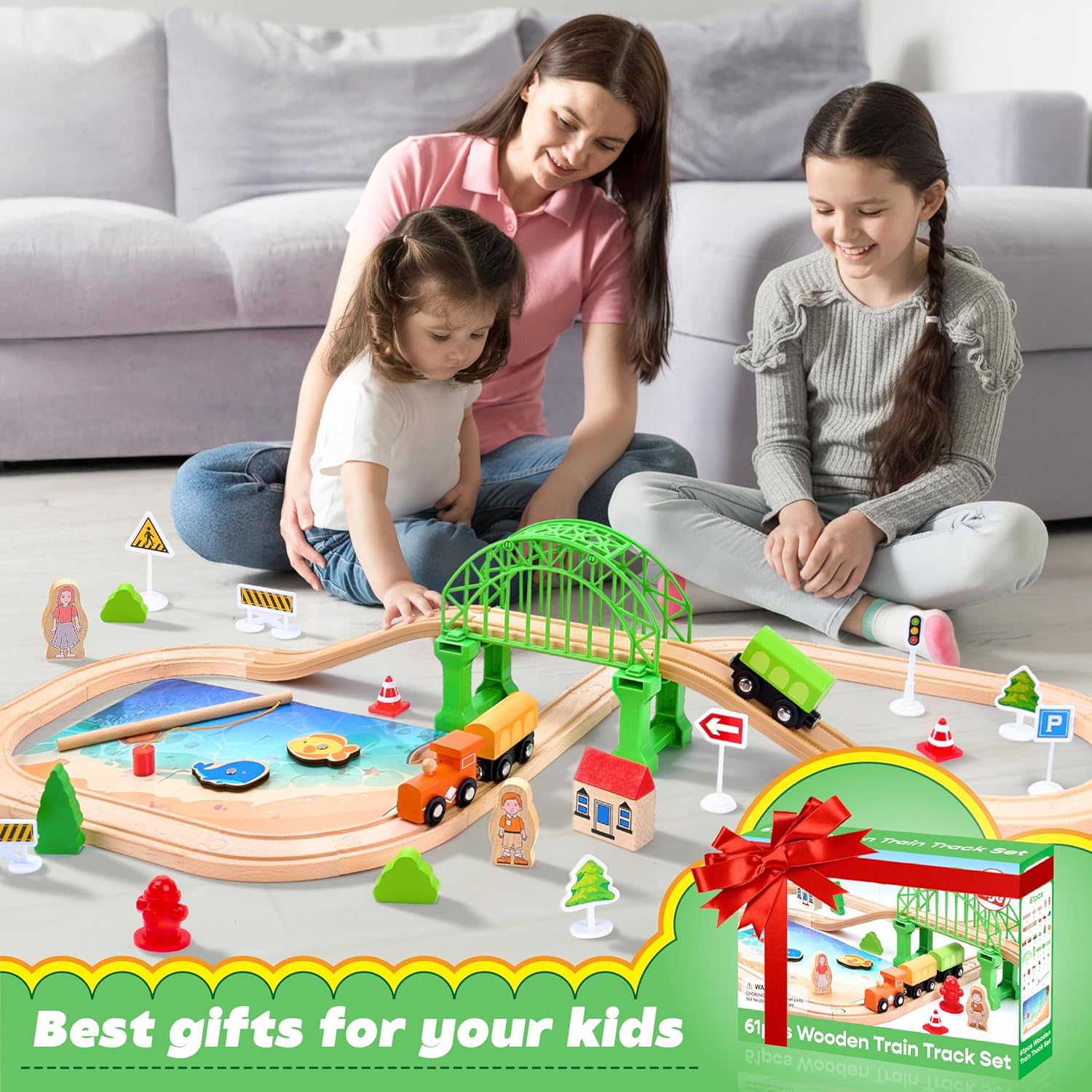 Wooden Train Set 61-Piece for Toddlers Kids Ages 3-8, Double-Sided Expandable Train Track with Puzzles & Magnetic Fishing Toys Compatible with Major Brands, STEM Railway Playset Gifts for Boys Girls - Image 8