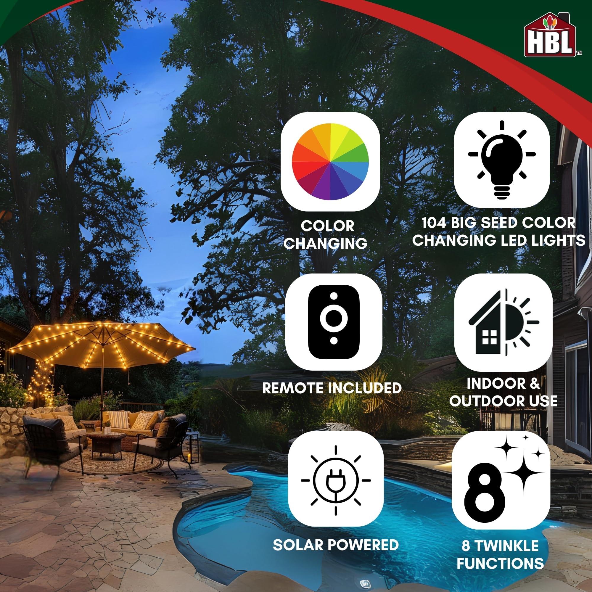 Holiday Bright Lights Ruban lumineux solaire pour parasol intérieur/extérieur avec 8 fonctions vacillantes/changement de couleur – Blanc chaud/patriotique espacement de 10,2 cm