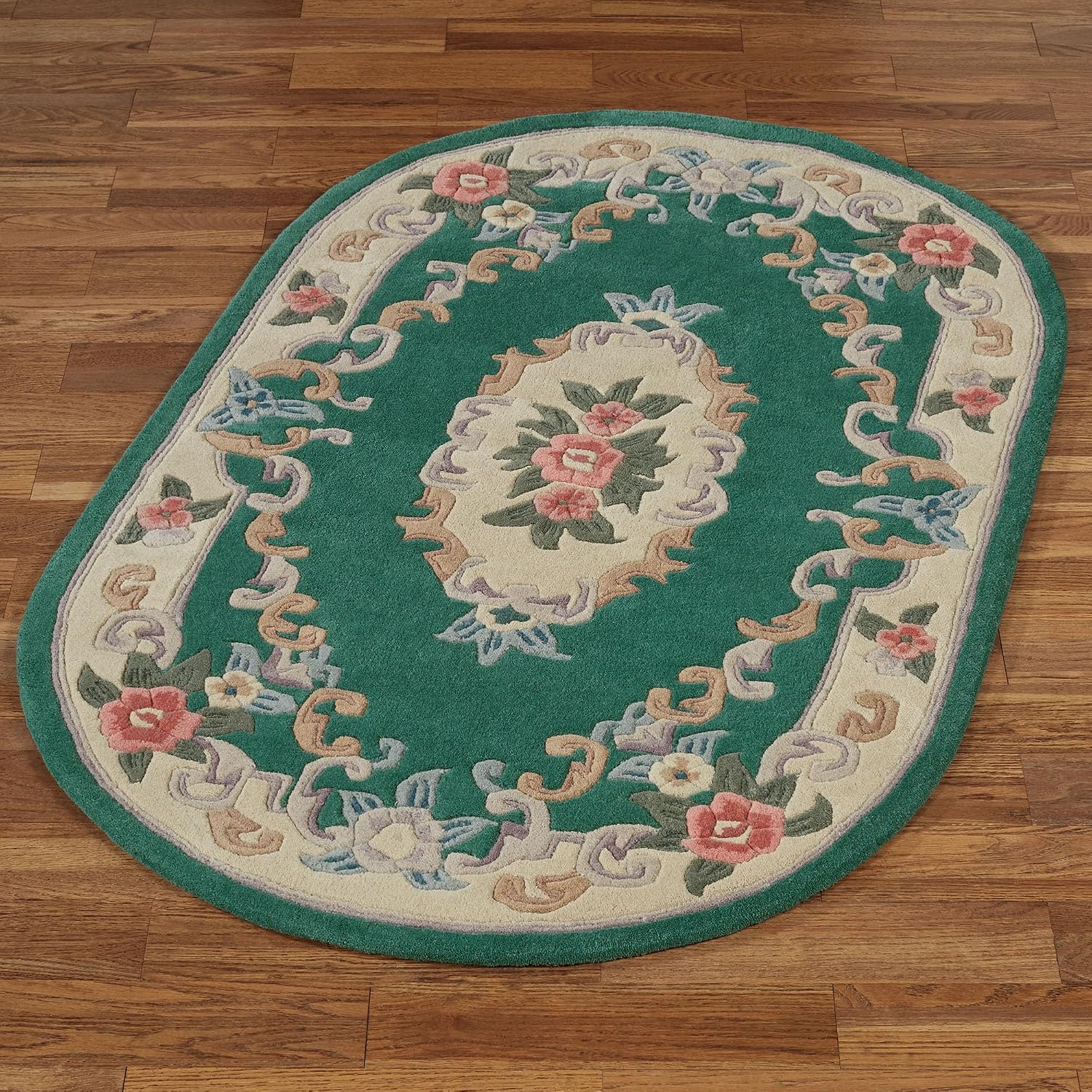 Traditional Floral Serena Aubusson II Oval Area Rug | 3 feet 6 inches x 5 feet 6 inches | Emerald Green | Handcarved, Hand-tufted, Luster Washed, Thick Pure Wool Rug with Flowers and Scrollwork