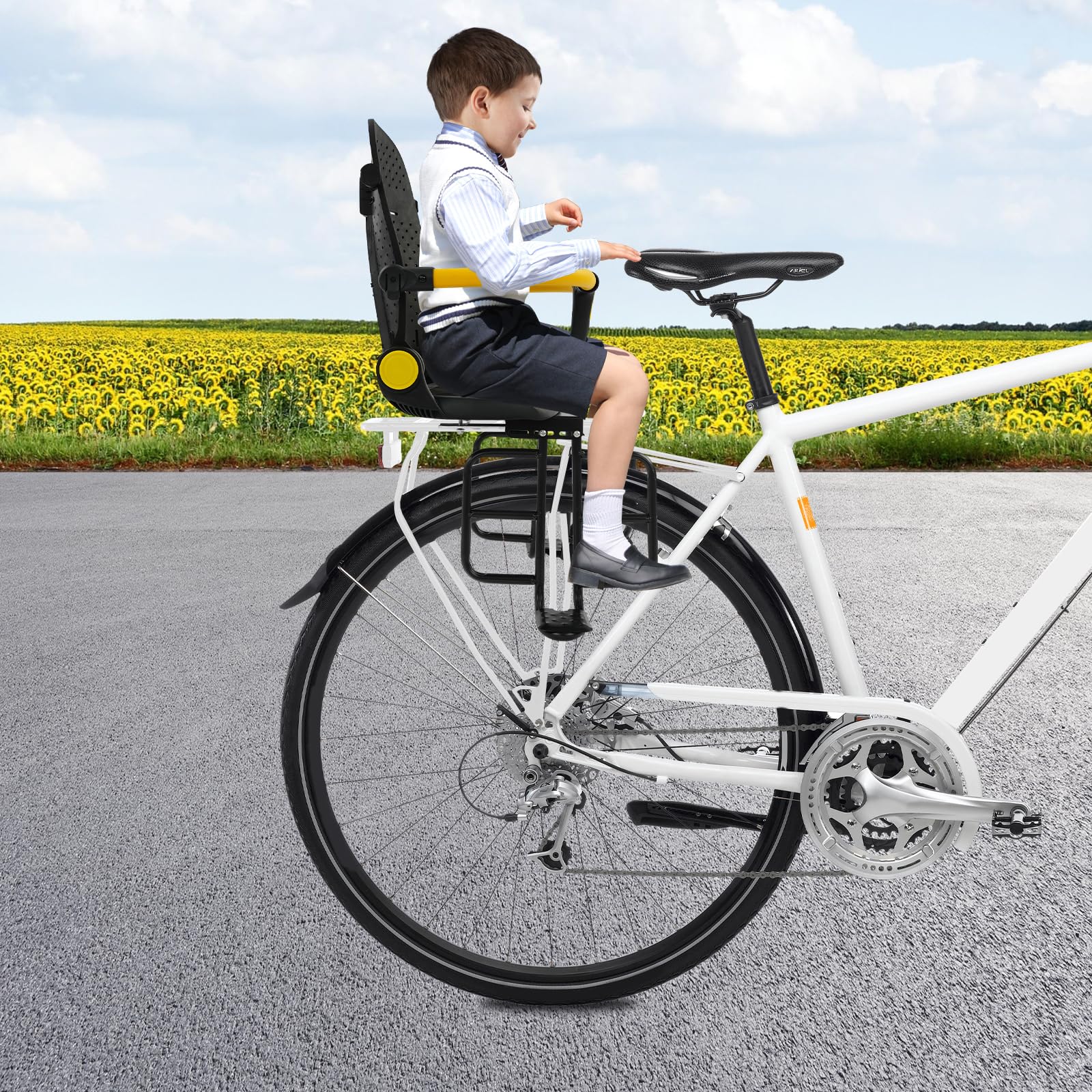 Asiento infantil plegable para bicicleta, montaje trasero, asiento de bicicleta con pedales y barra de seguridad, para bicicletas de ciudad y otras bicicletas con asiento trasero, soporta