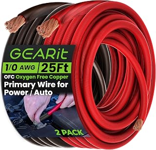 GEARit 0 Gauge Wire OFC Black & Red 2 Pack, 1/0 AWG Oxygen-Free Copper Power & Ground Cable Set, 25 ft Each for Car Audio Amplifier Battery Installation