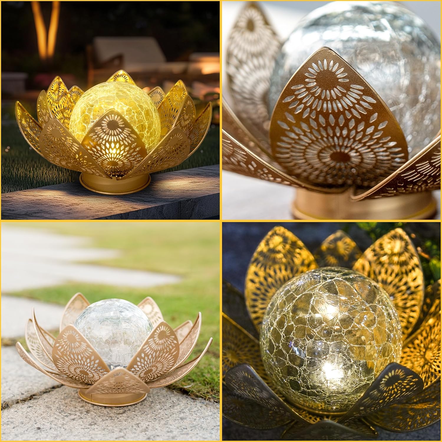 Solar Lights Outdoor Waterproof Lotus Flower Metal Yard Art Decoration Crackle Globe Glass Solar Lamp Garden Decor for Outside, Flowerbed Lawn Patio Porch Pathway Pond Decorations