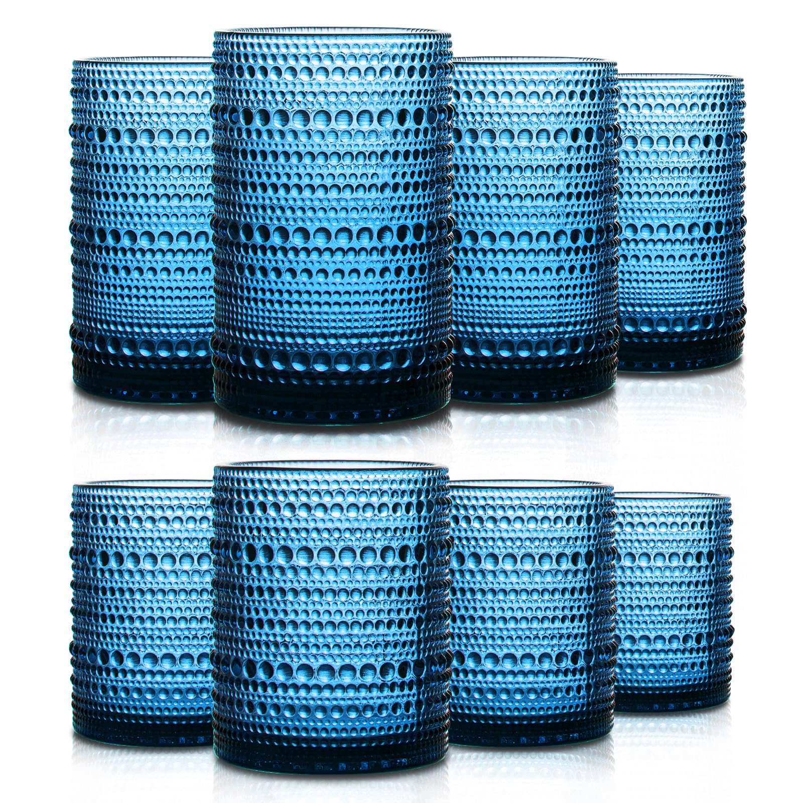 Set of 8 Hobnail Drinking Glasses Vintage Blue Glassware - 4 Highball Glasses 14 oz 4 Rocks Glass