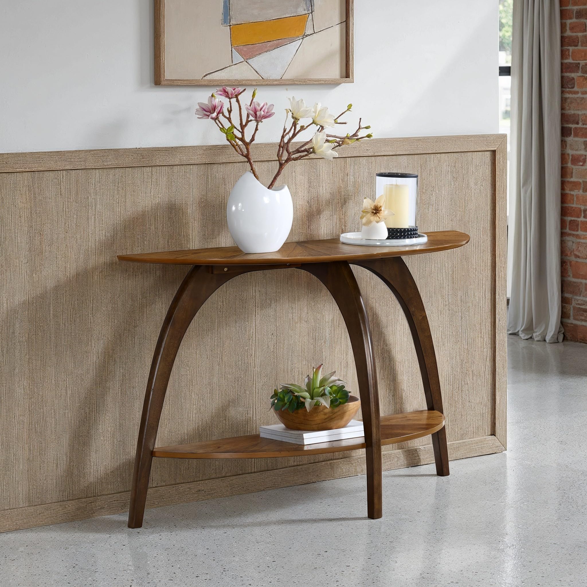 Retro Mid-Century Modern Half-Moon Wood Sofa Table with Lower Shelf, Console Table for Living Room or Entryway. Nutmeg Brown Top with Espresso Brown