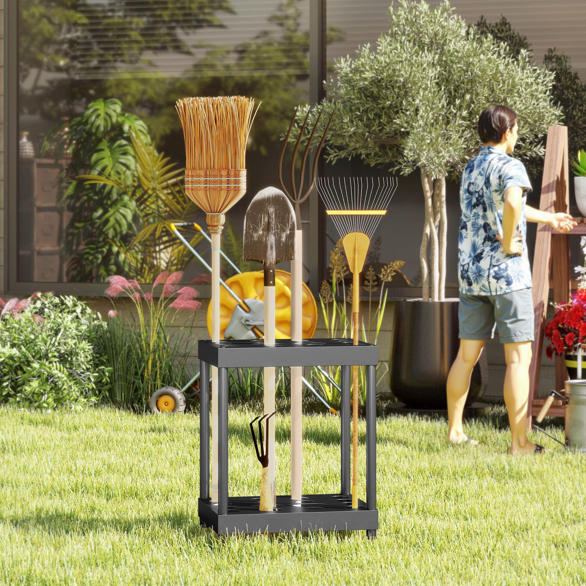 Outsunny Organizzatore per Attrezzi da Giardino, Porta Attrezzi da Giardino a 16 Scomparti a 2 Livelli con Cuscinetti Regolabili per Forbici da potatura, Pale, rastrelli, per capannone, Garage, Nero