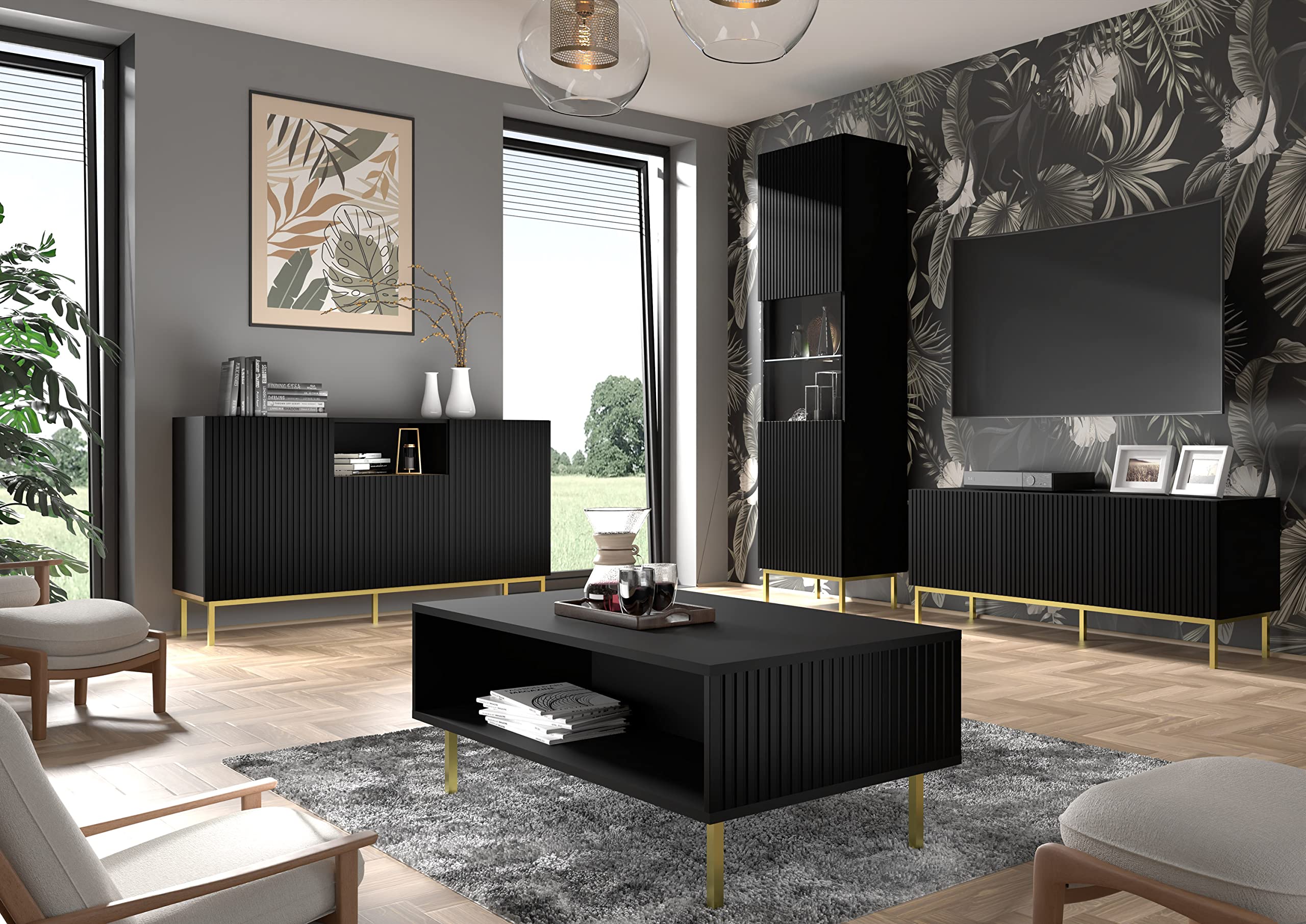 BIM Furniture Lowboard TV 200 cm – Sideboard mit Gefrästen MDF-Fronten, Push-to-Open, Schwarze Metallfüße – Fernsehschrank HiFi Schrank fürs Wohnzimmer Schwarz Matt