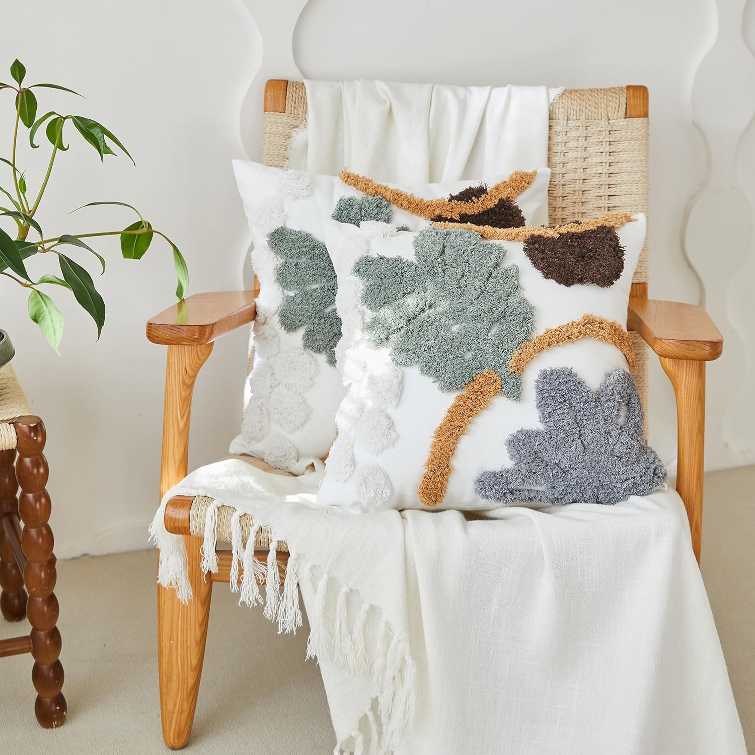 Simple&Opulence Boho Throw Pillow Covers 18x18 Set of 2, Tufted Jacquard Cotton Canvas Cushion Cases, Aesthetic Farmhouse Textured Pillowcase for Outdoor Couch Bed Car Decor(Tropical Leaf Plant)